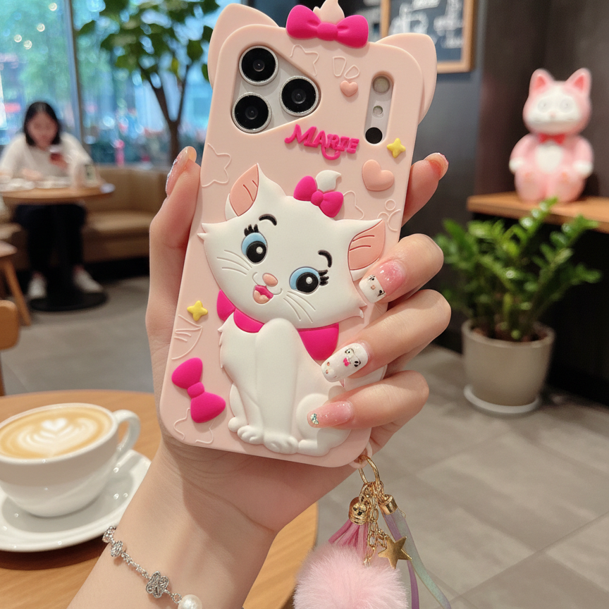 Disney Marie Cat With Fur Charm Silicon Phone Cases