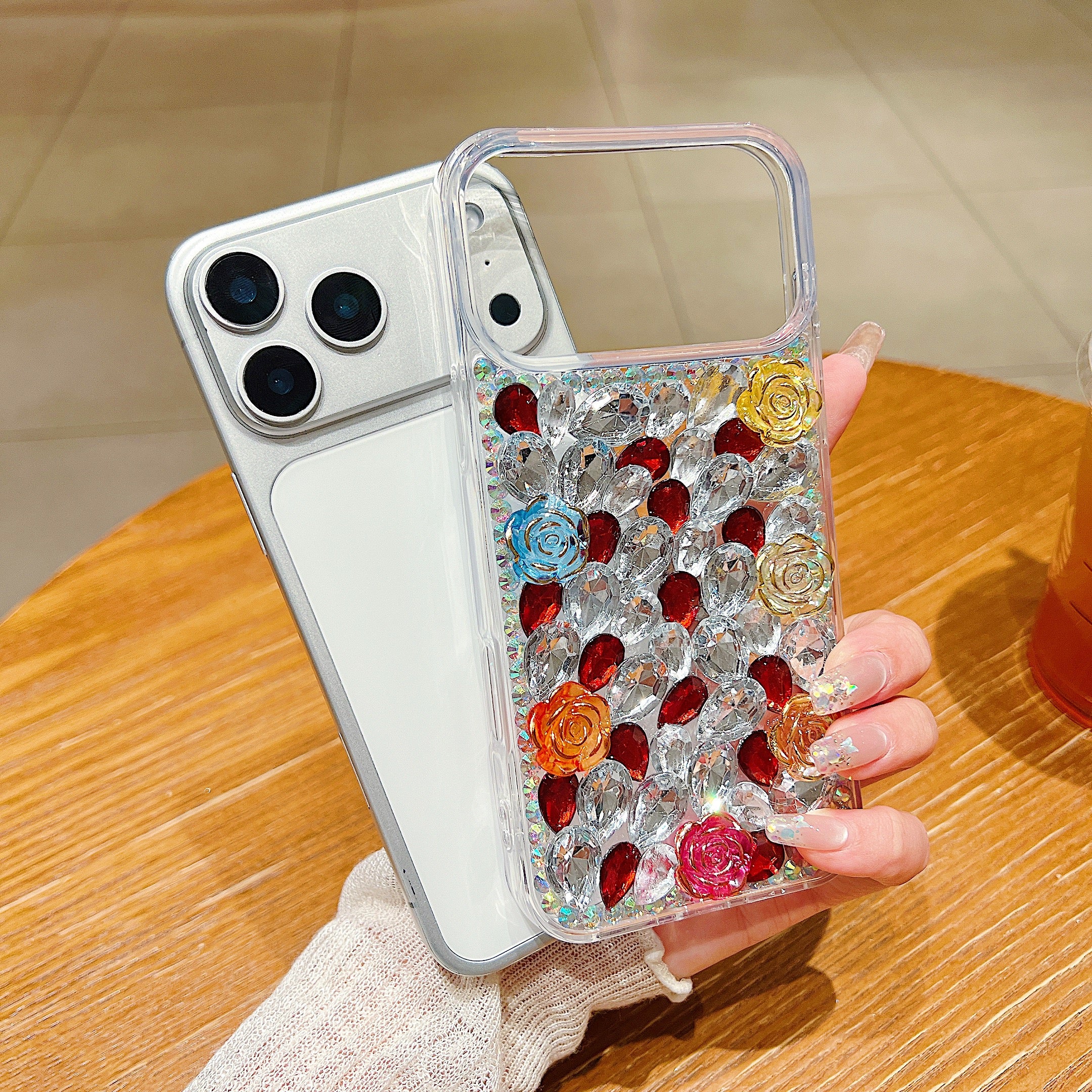 Rainbow Rose Crystal Phone Case – 3D Multicolor Flower & Diamond Gem Case For iPhone 17