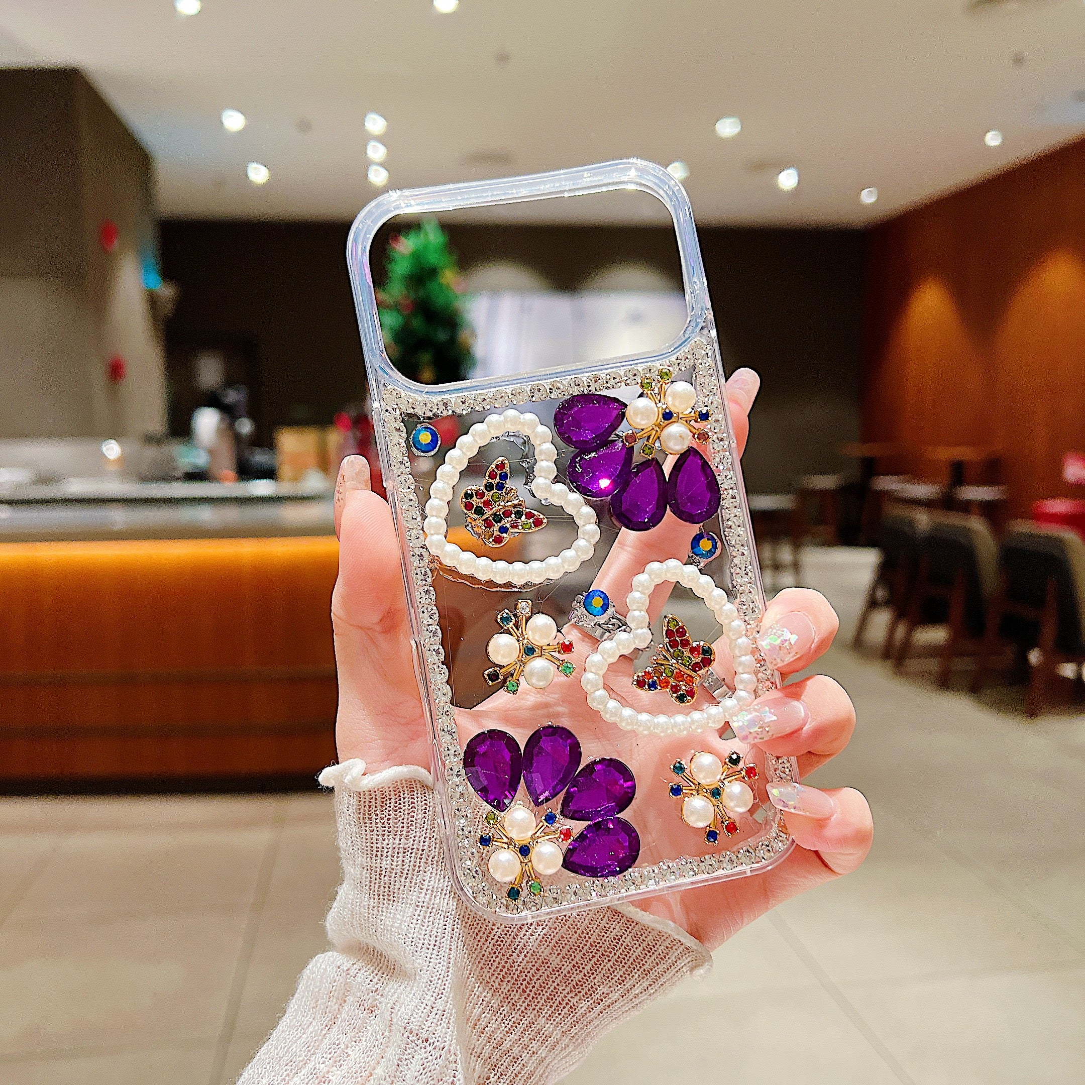 Royal Amethyst Flower Phone Case – Sparkly Diamond & Pearl 3D Floral Design For iPhone 17