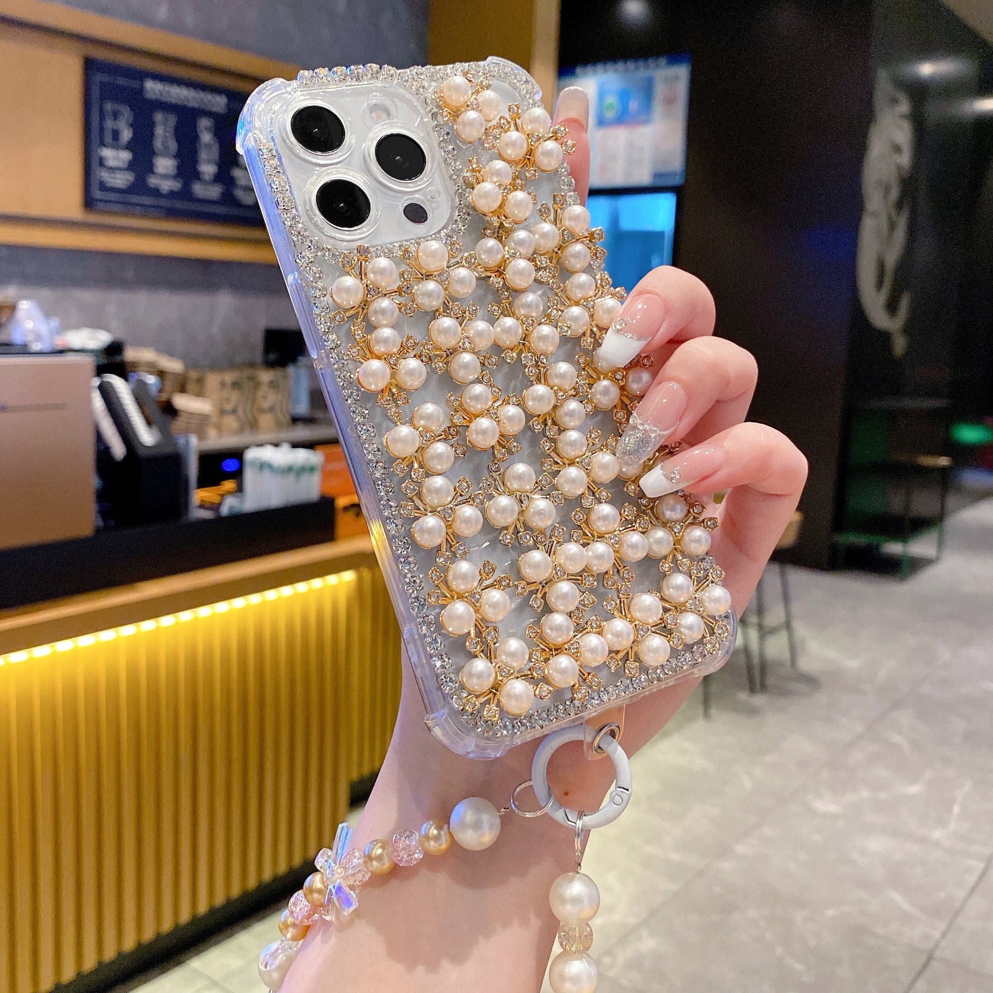 Elegant Pearl & Crystal Embellished Silicon Phone Case with Beaded Strap For iPhone 16 Pro Max