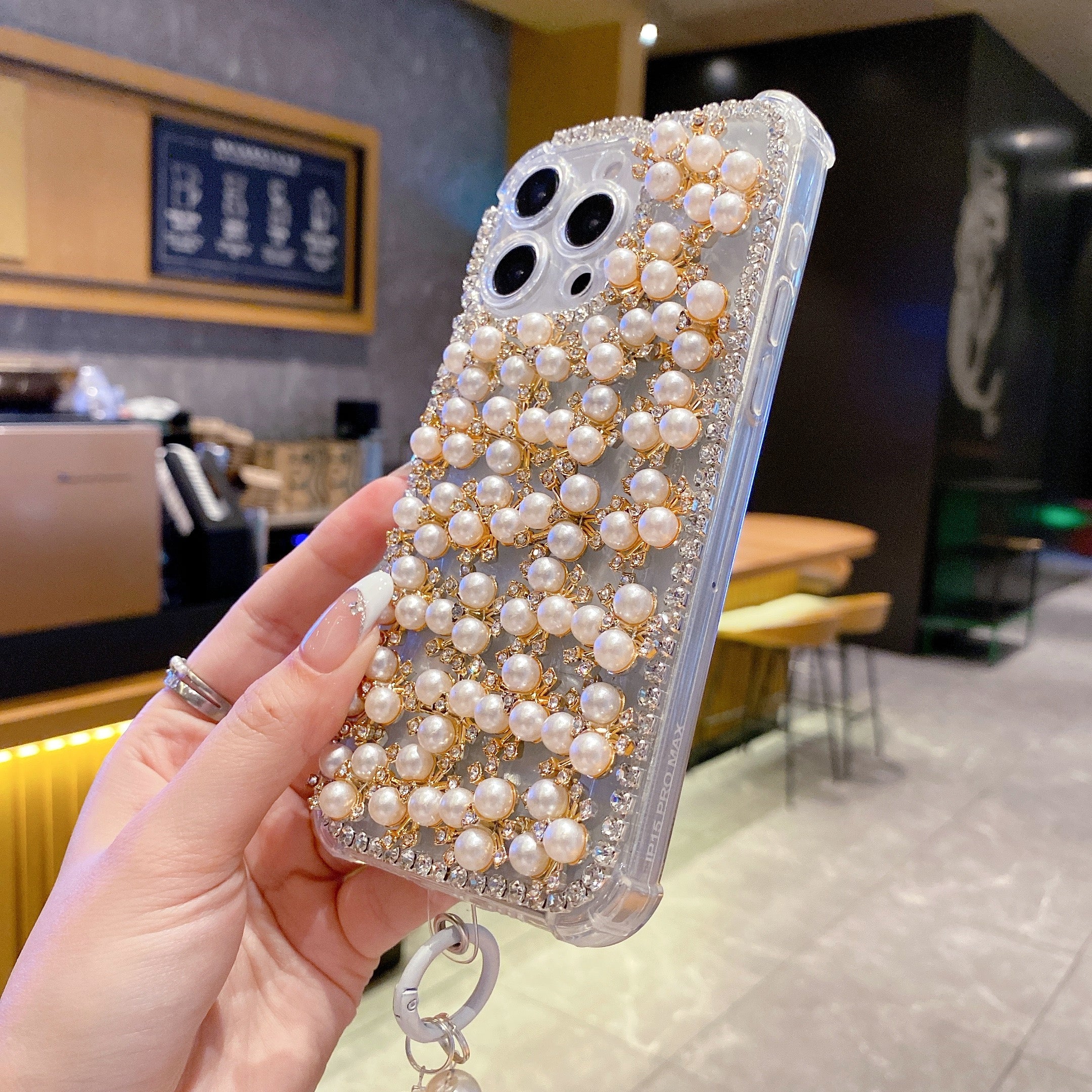 Elegant Pearl & Crystal Embellished Silicon Phone Case with Beaded Strap For iPhone 16 Pro Max