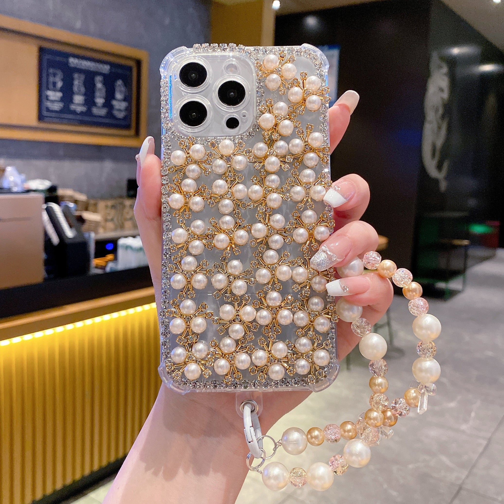 Elegant Pearl & Crystal Embellished Silicon Phone Case with Beaded Strap