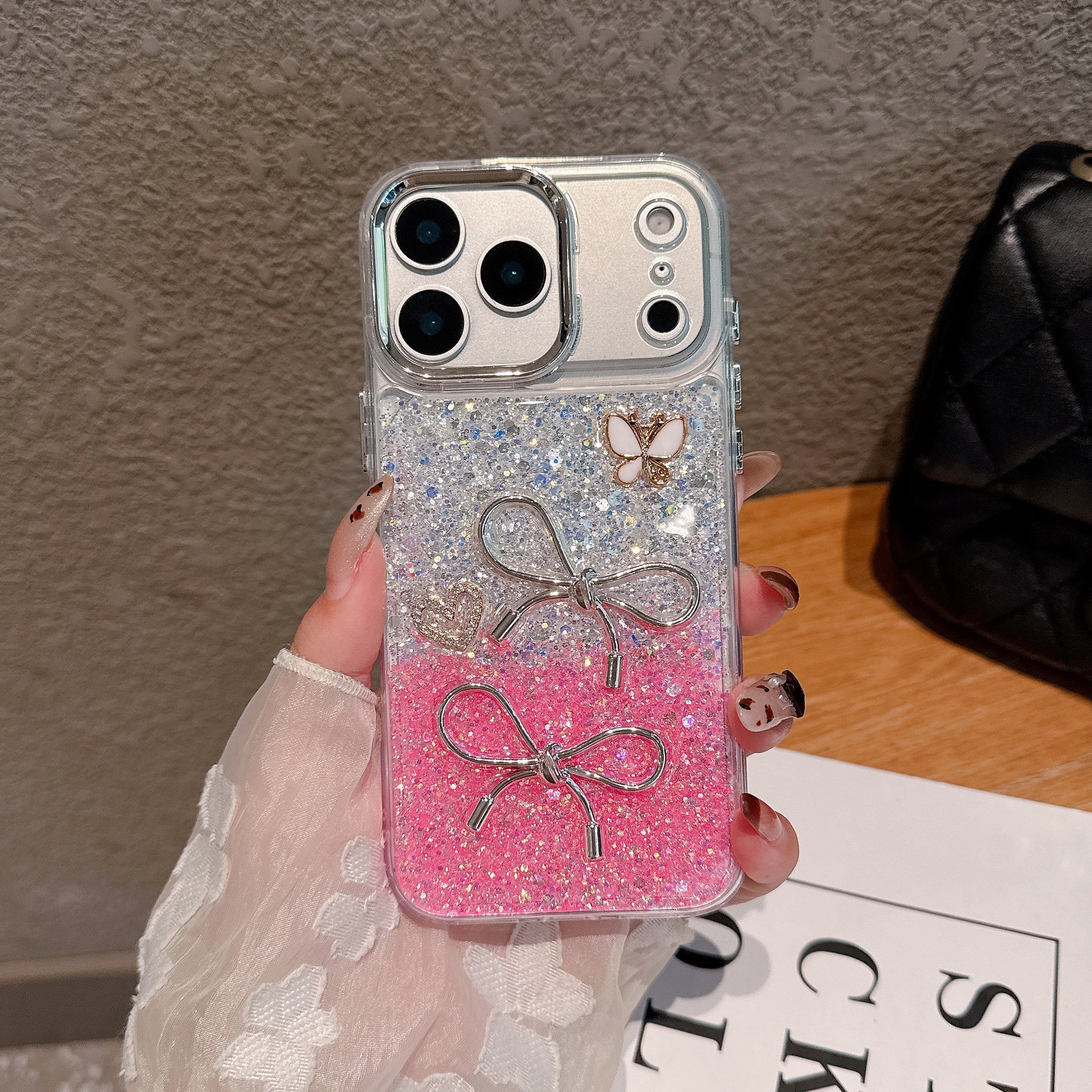 Fairy Bow Dreamy Silver Pink Silicone Phone Case For iPhone 15