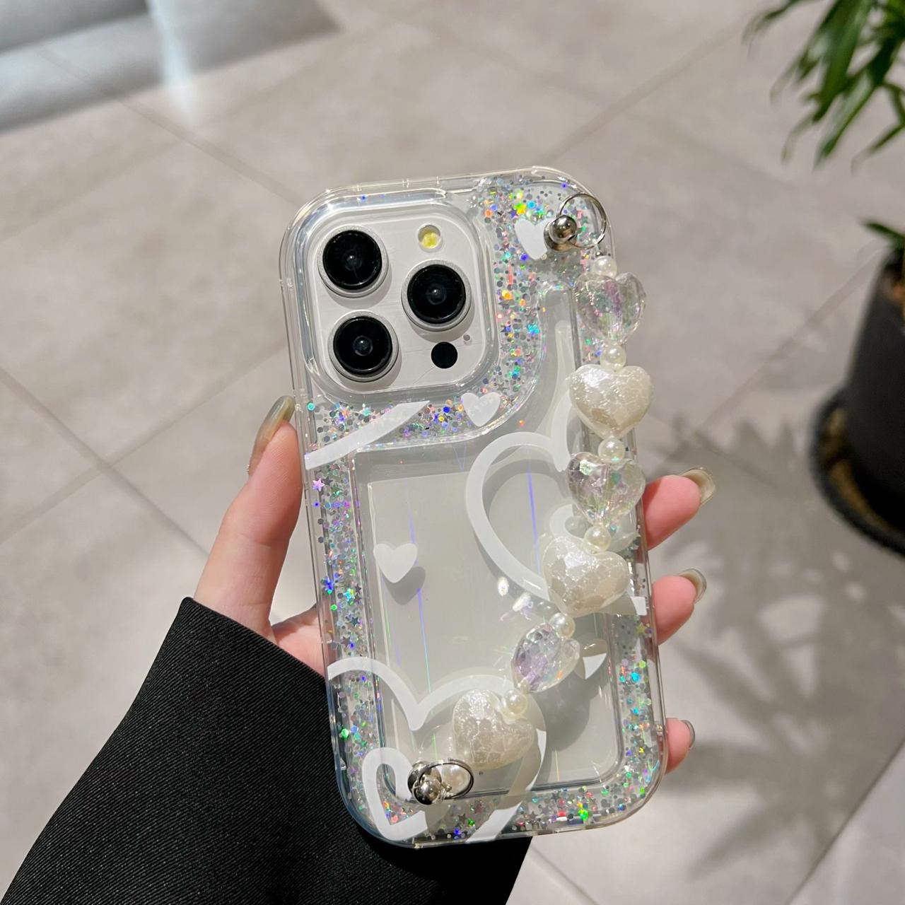 Glitter Heart With Heart Chain Silicon Phone Cases For iPhone 11 Pro Max