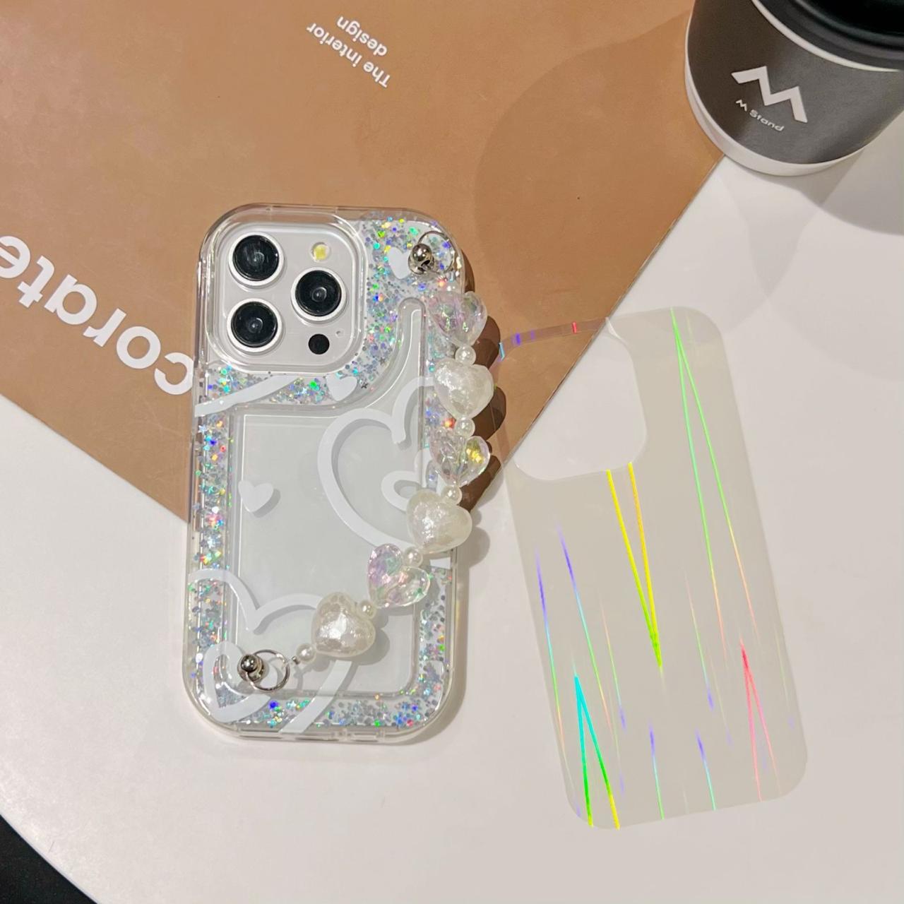 Glitter Heart With Heart Chain Silicon Phone Cases For iPhone 13