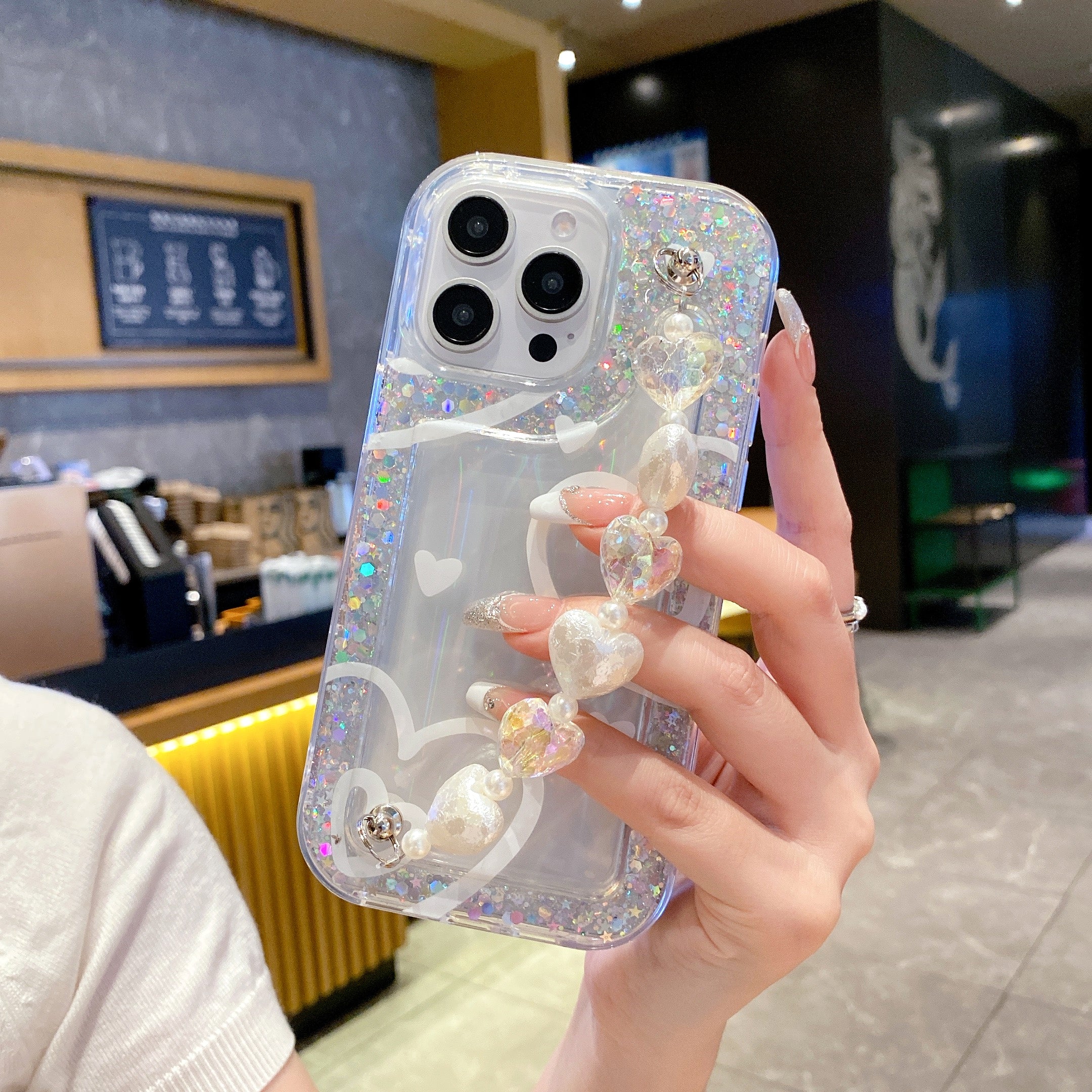 Glitter Heart With Heart Chain Silicon Phone Cases For iPhone 16 Pro Max
