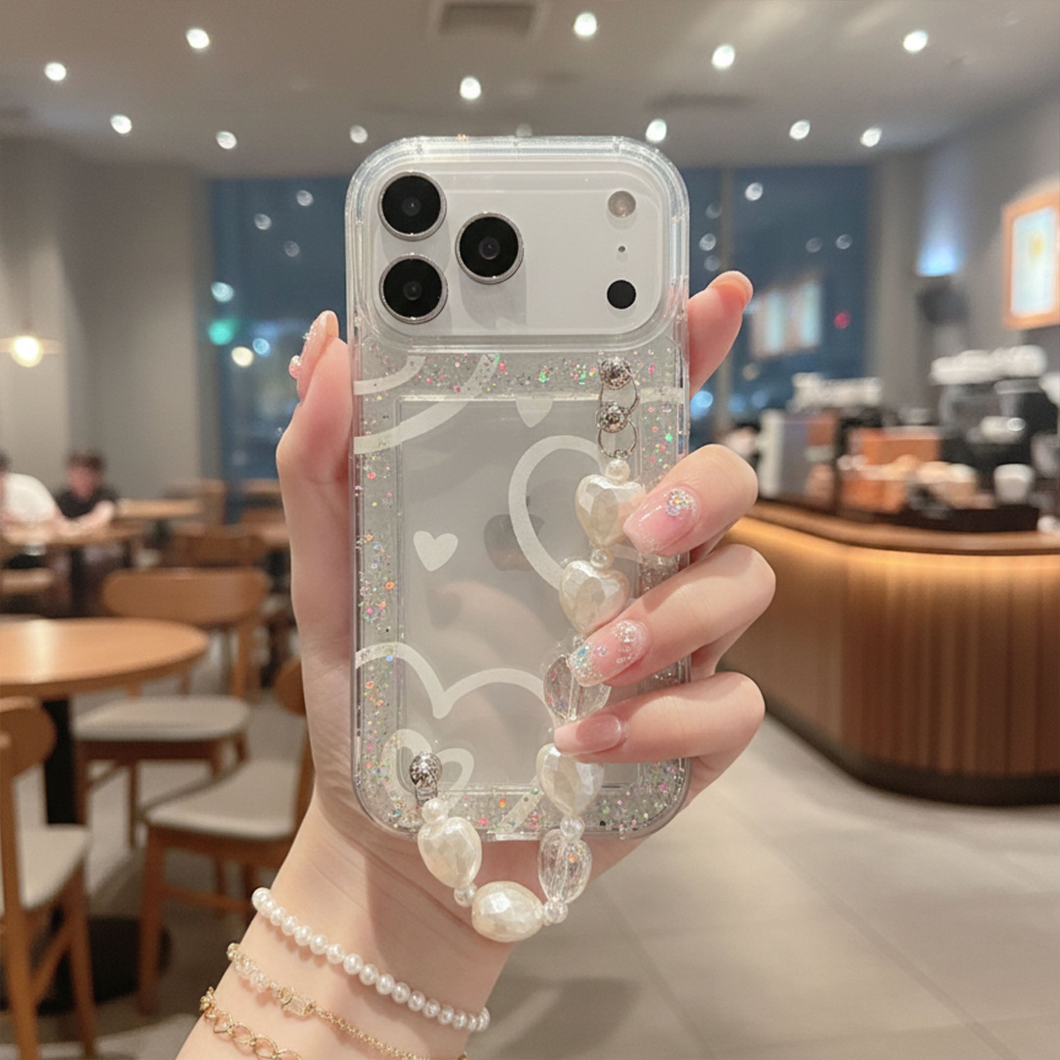 Glitter Heart With Heart Chain Silicon Phone Cases For iPhone 17 Pro Max