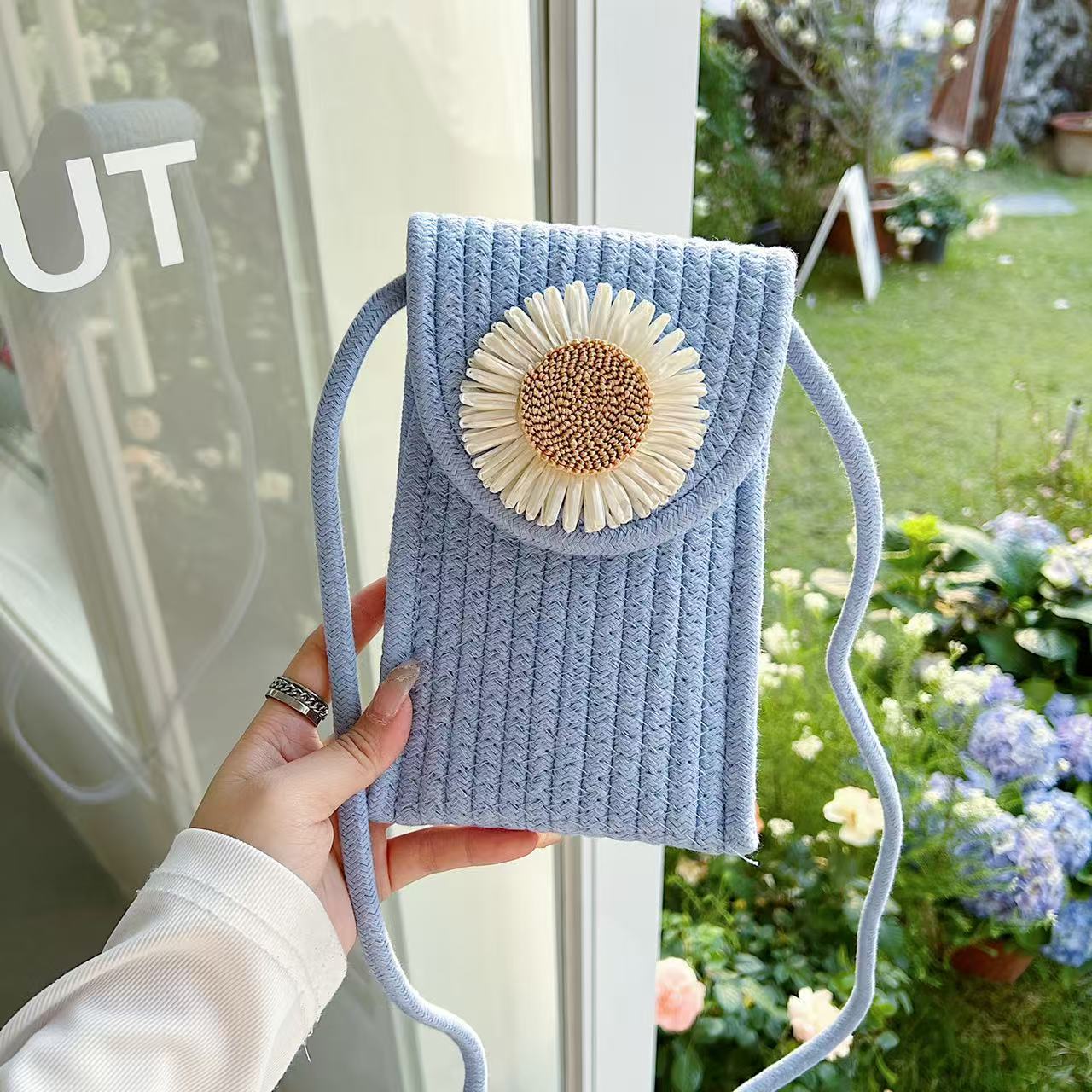 Stylish Flower Jute Sling Bag Silicon Phone Cases For iPhone 16