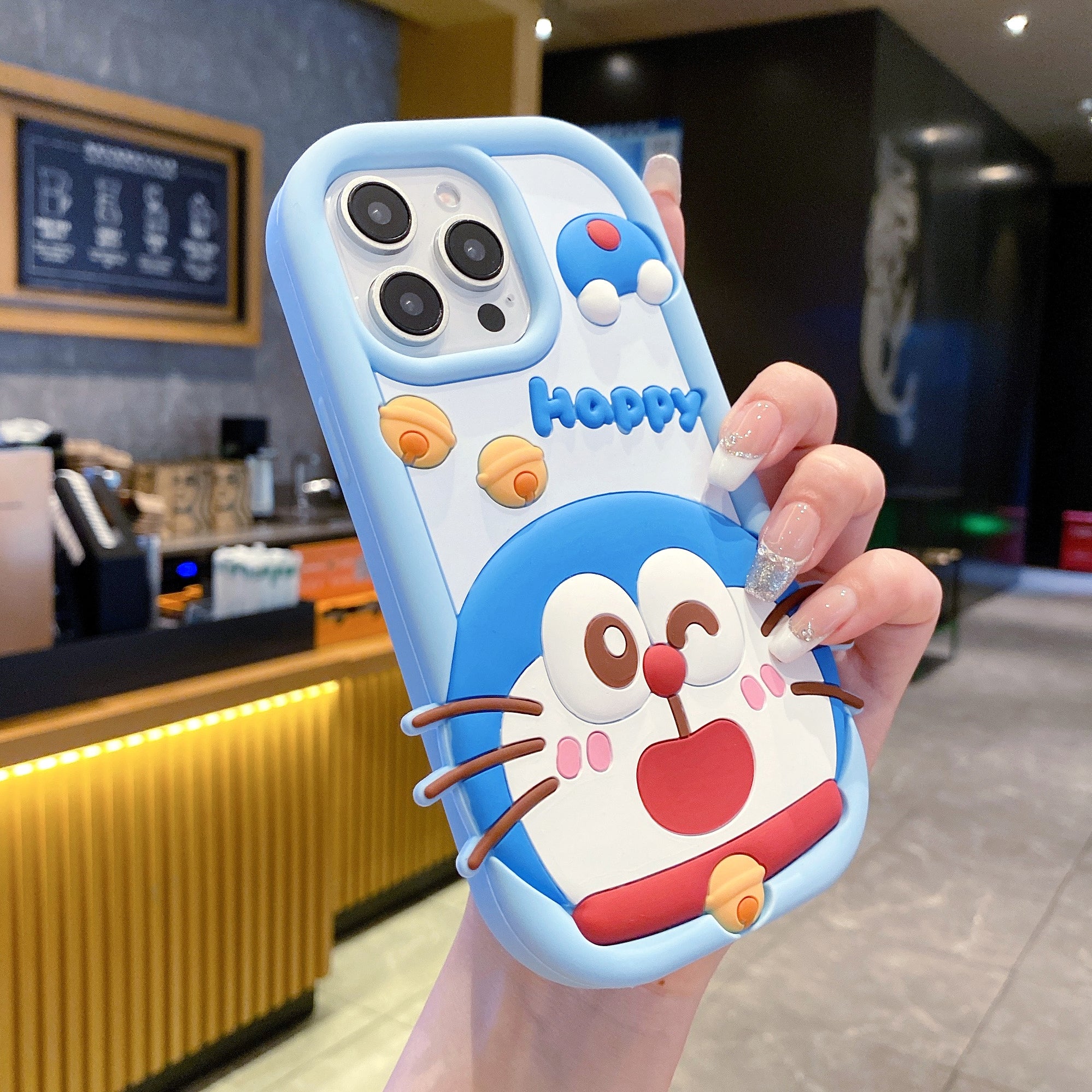 Happy Doraemon Silicon Phone Case For iPhone 15 Plus (Universal Camera Cut)