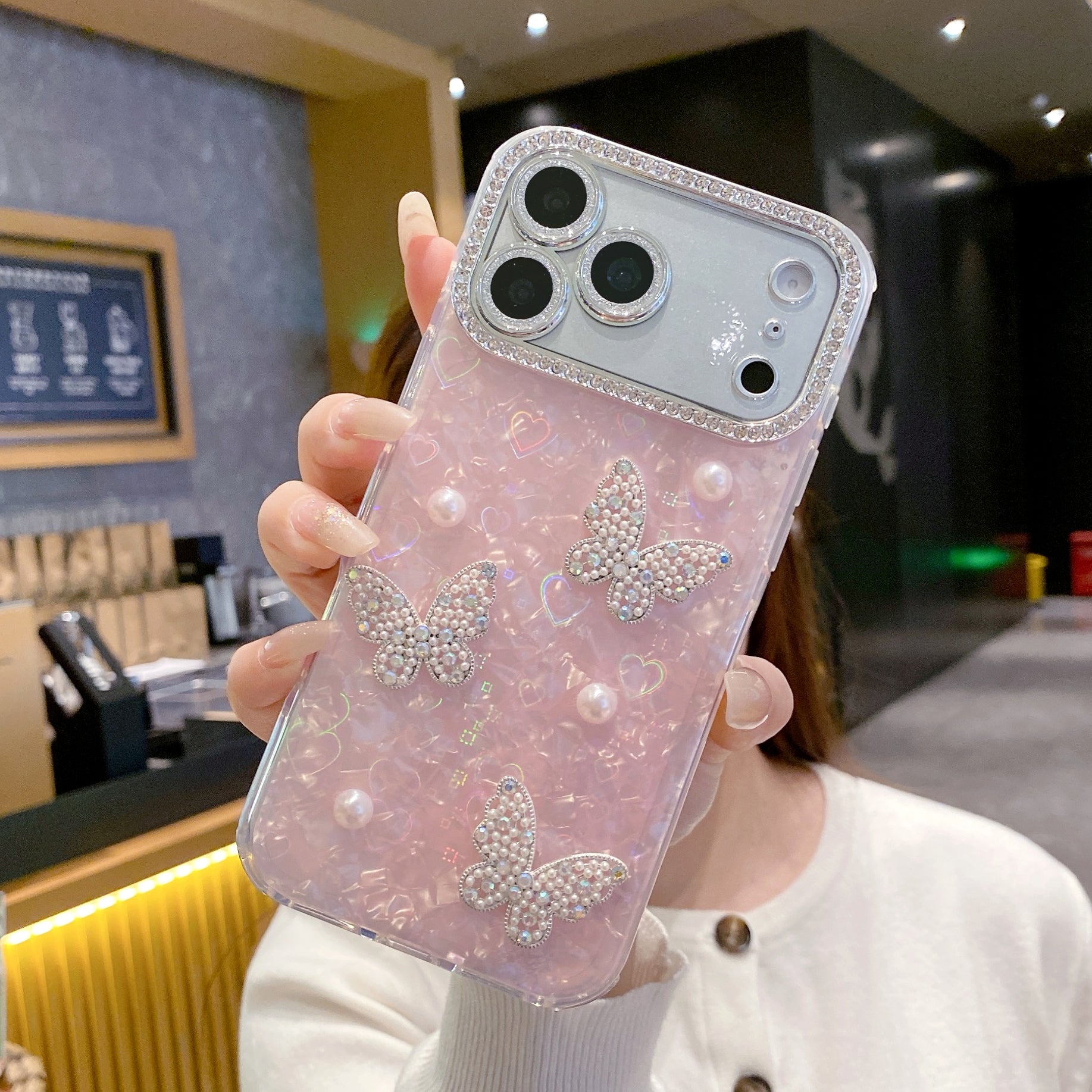 Butterfly & Pearl Crush Phone Case - Luxury 3D Crystal Butterfly Shimmer Cover