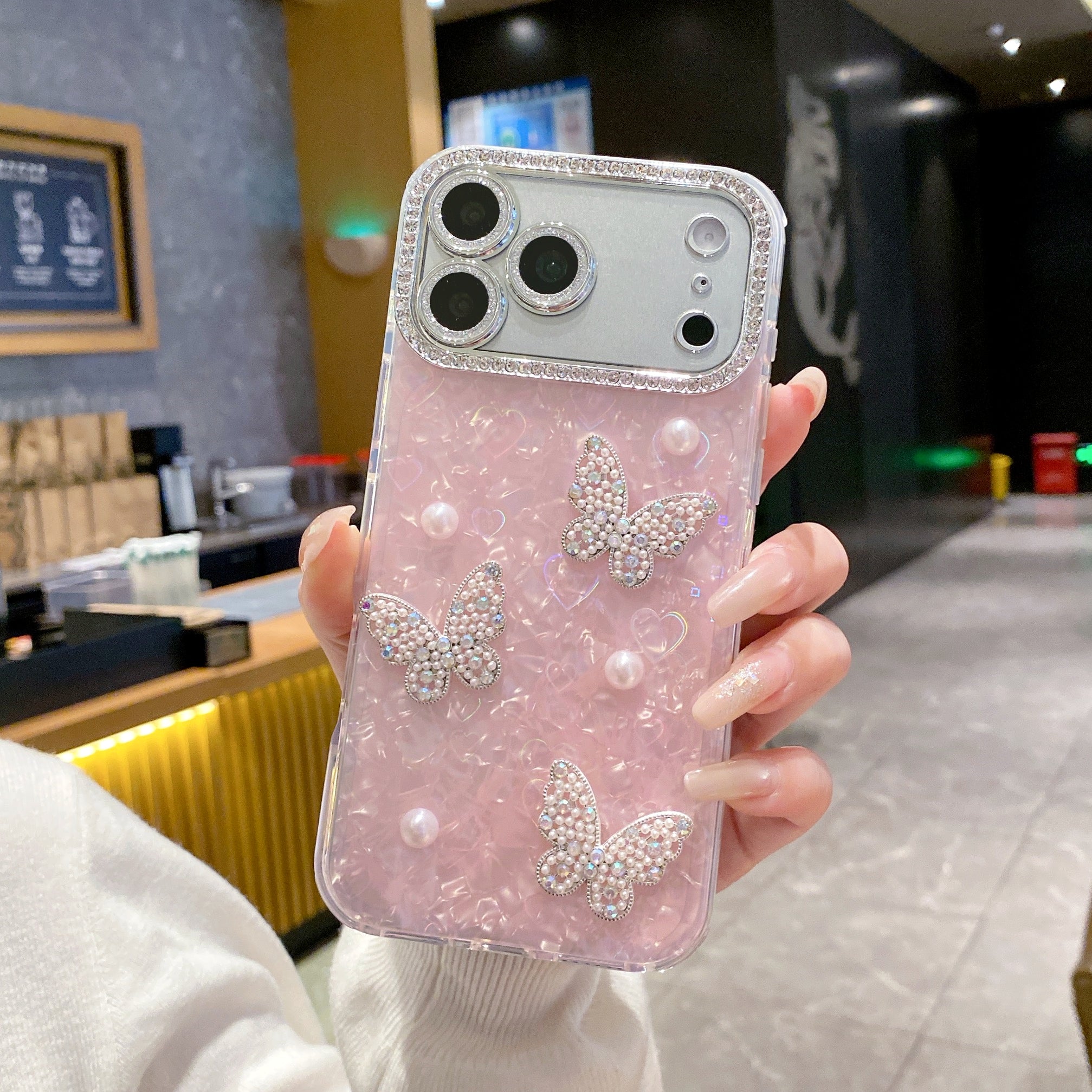 Butterfly & Pearl Crush Phone Case - Luxury 3D Crystal Butterfly Shimmer Cover