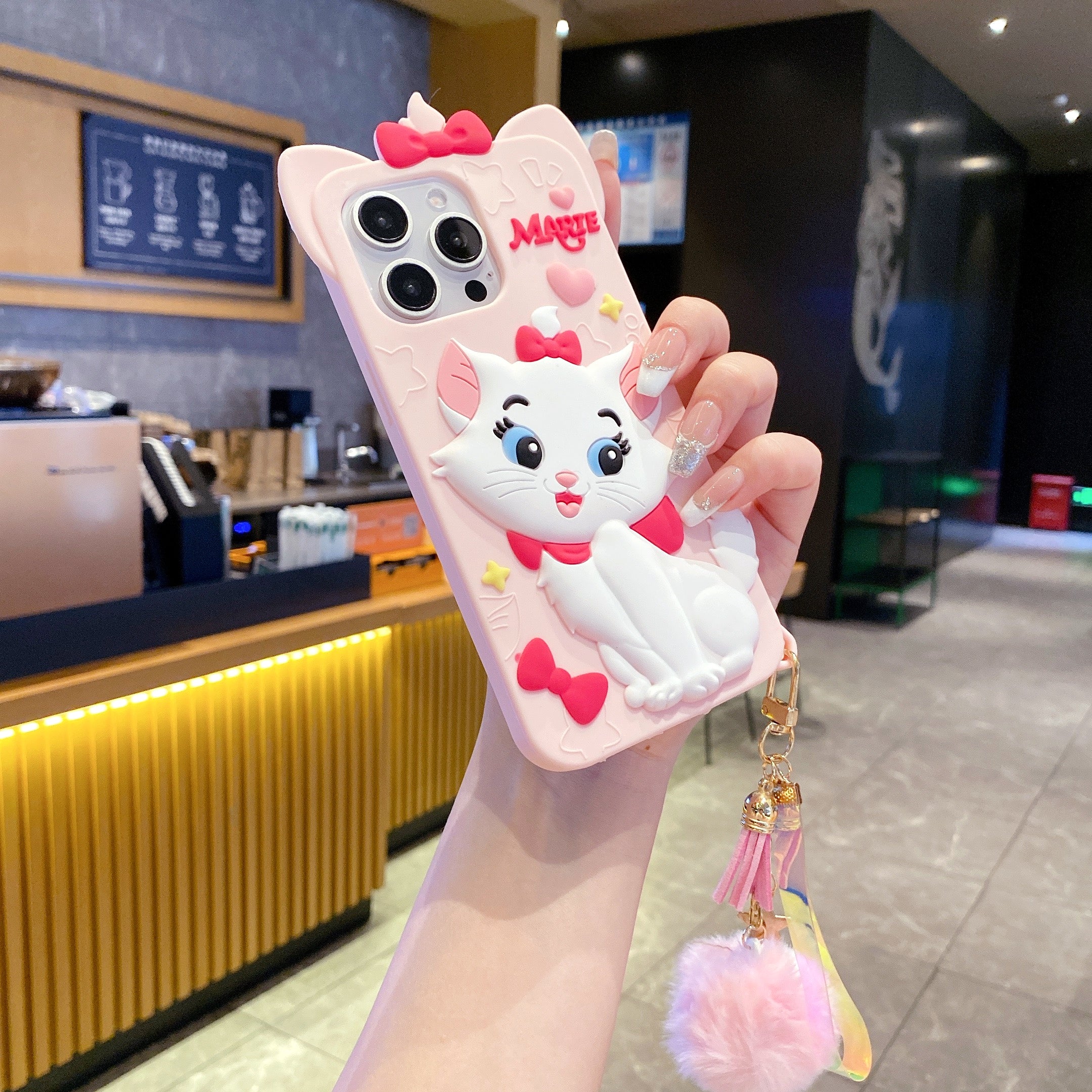 Disney Marie Cat With Fur Charm Silicon Phone Cases For iPhone 15 Pro Max