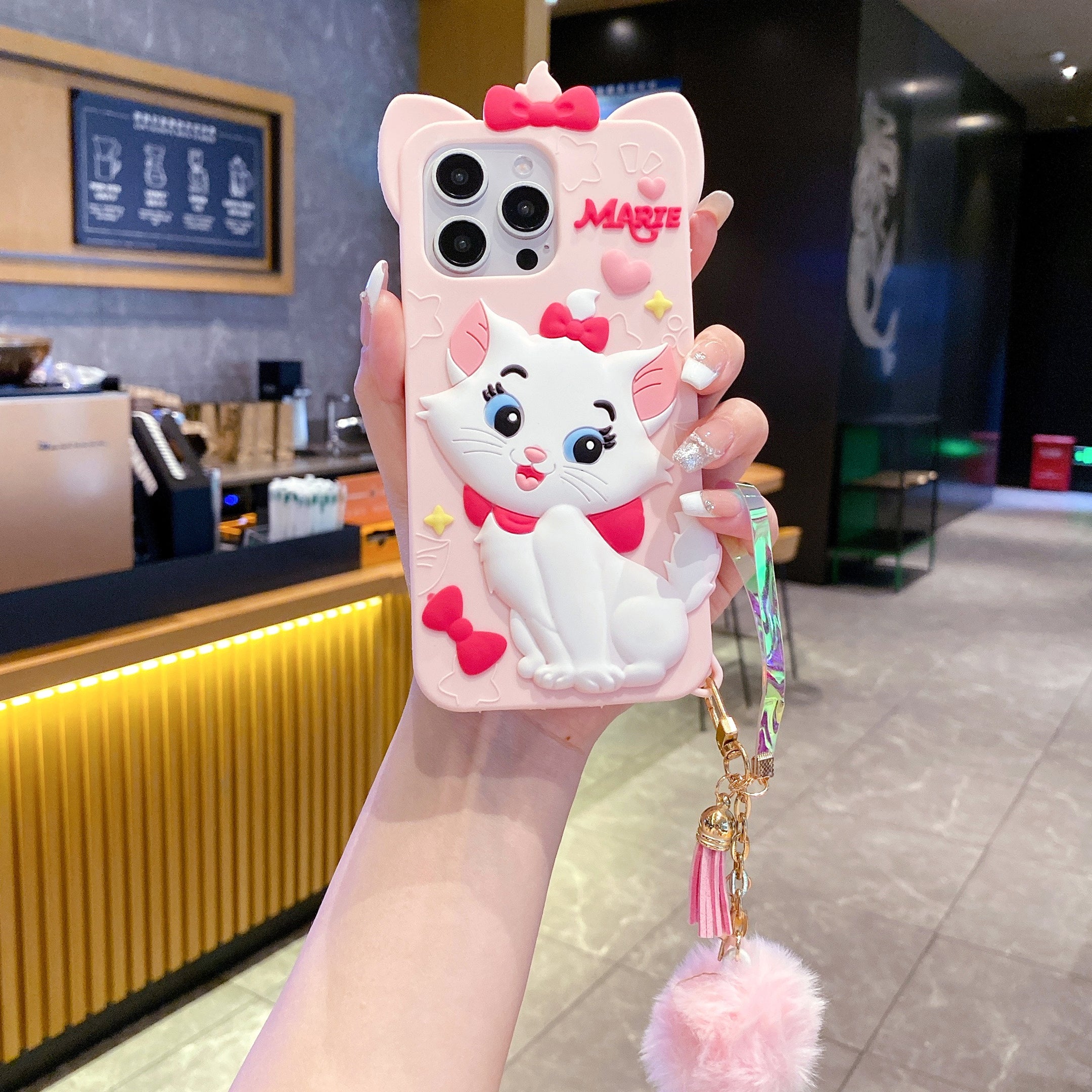 Disney Marie Cat With Fur Charm Silicon Phone Cases For iPhone 15 Pro Max