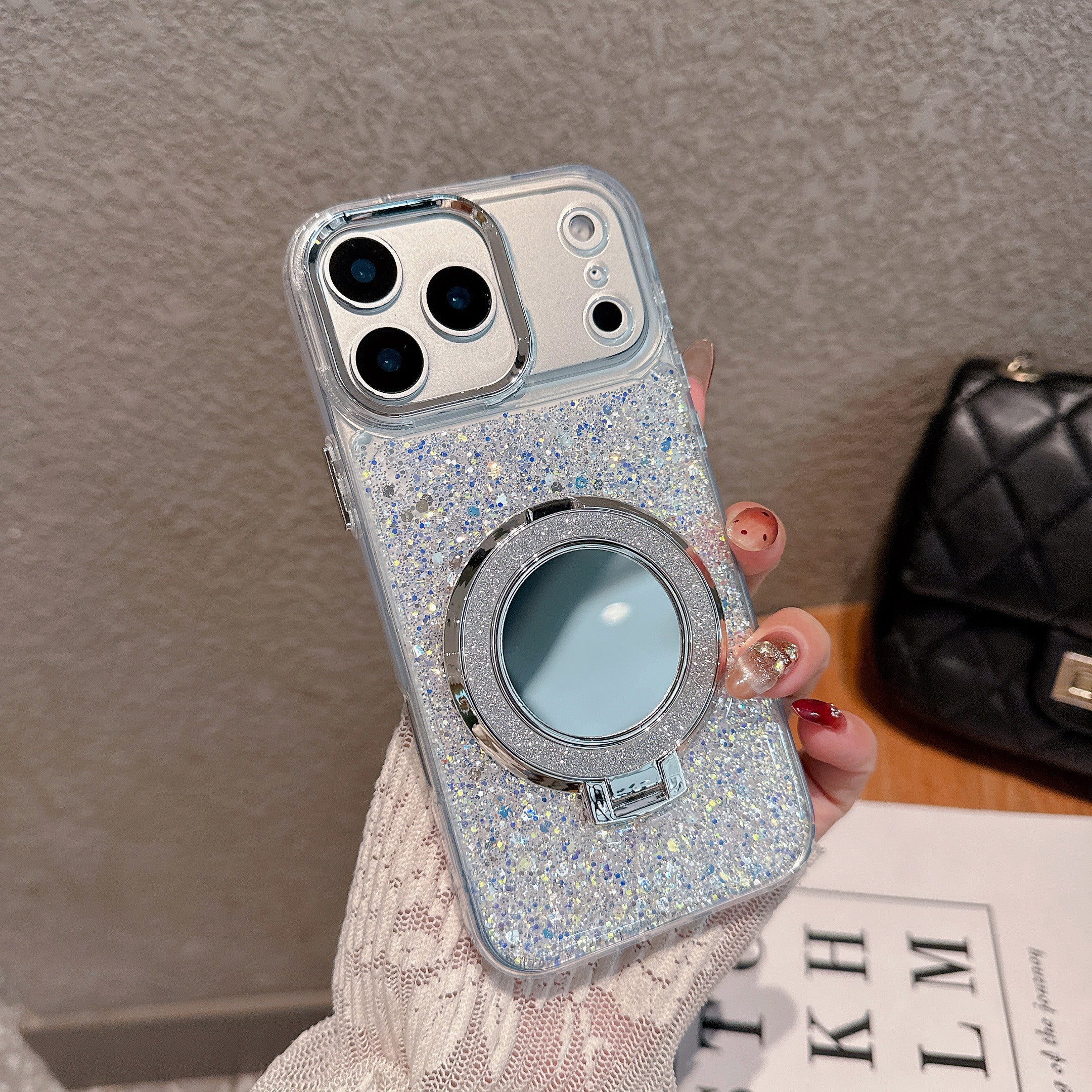 Silver Glitter Case with Ring Stand – Luxury Sparkle Design