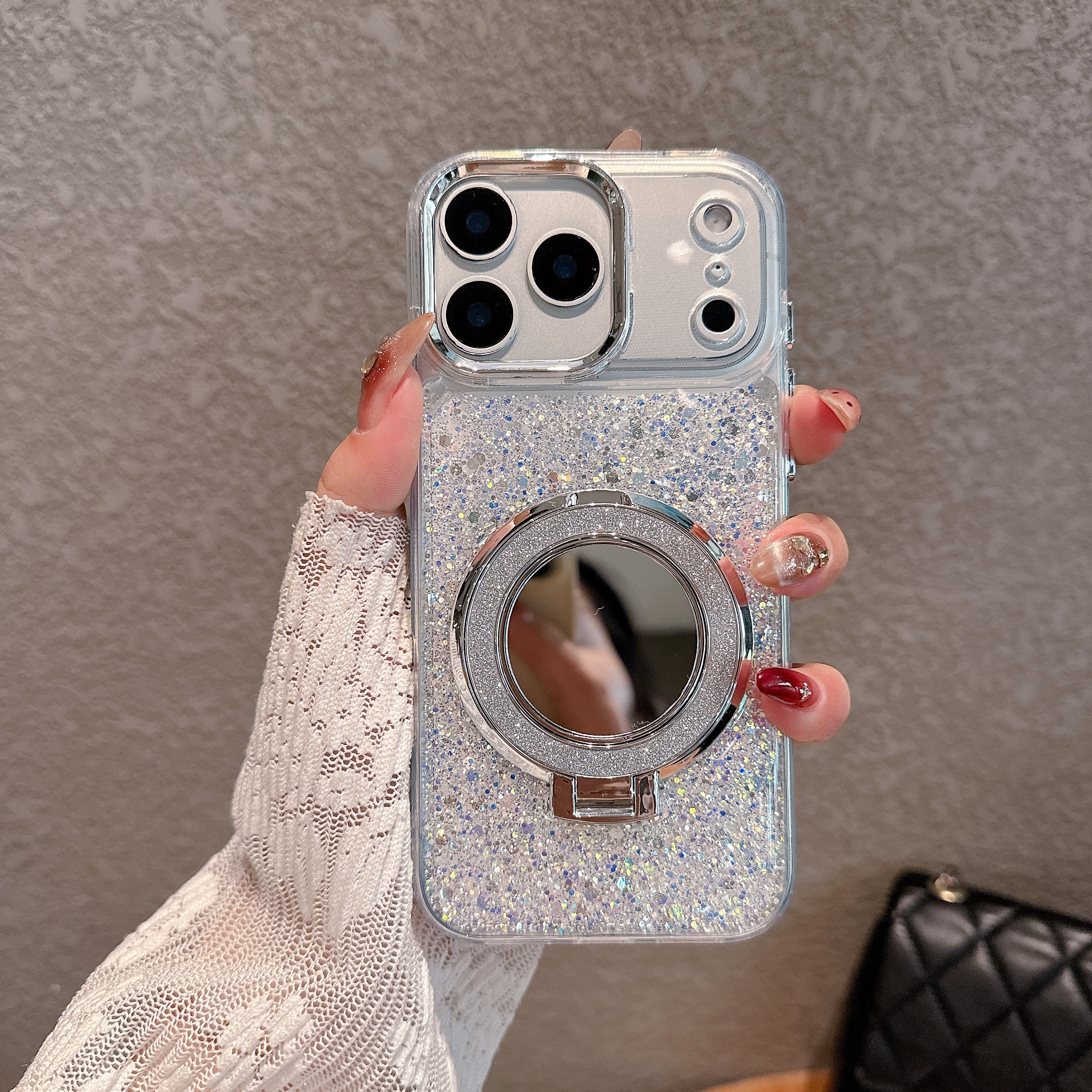 Silver Glitter Case with Ring Stand – Luxury Sparkle Design