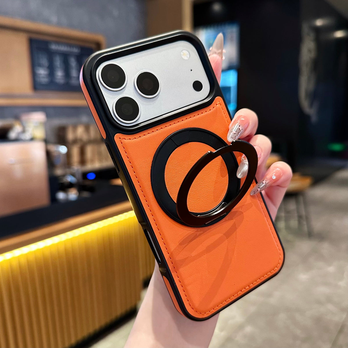 Orange vegan leather MagSafe iPhone case with ring stand - view 2