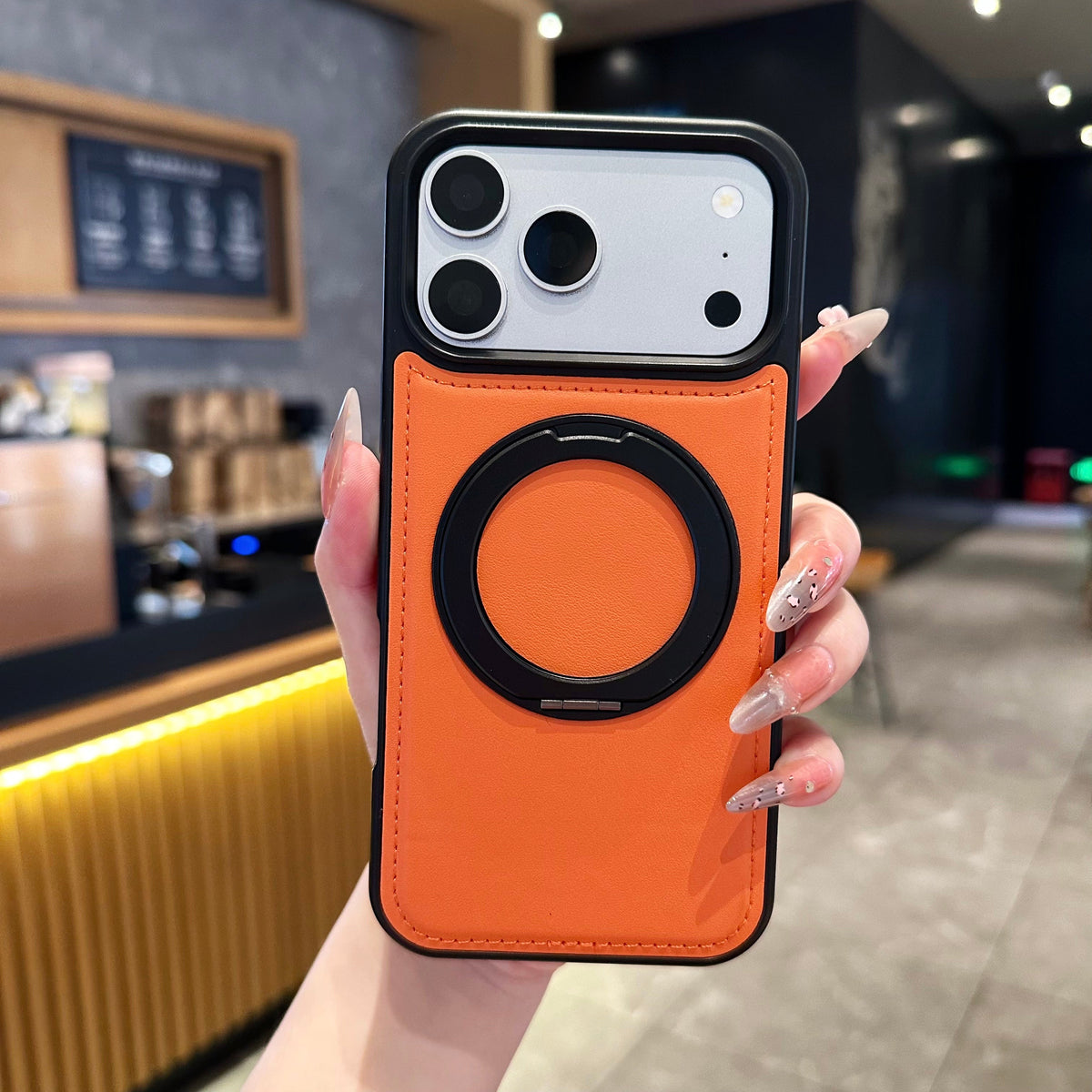 Orange vegan leather MagSafe iPhone case with ring stand - view 4