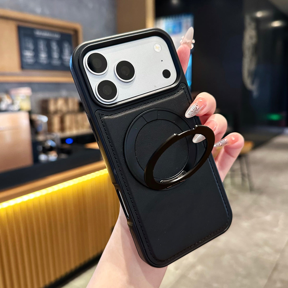 Black vegan leather MagSafe iPhone case with ring stand - view 1