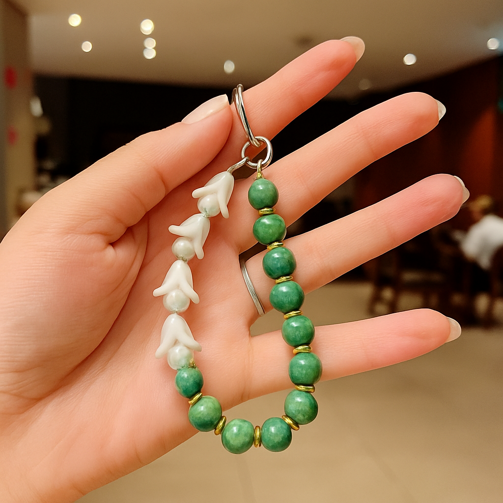 Jasmine Green Beaded Phone Charm – Elegant Floral Bead Keychain for iPhone & Bags