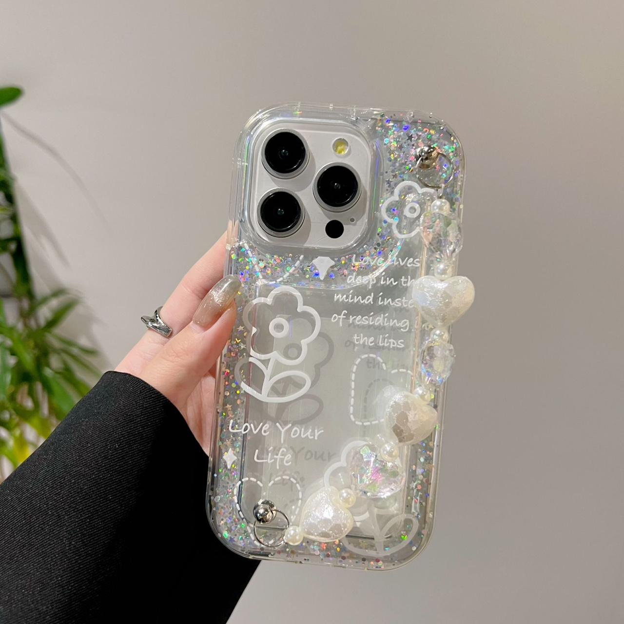 Love Your Life Flower Glitter With Chain Silicon Phone Cases For iPhone 15 Pro