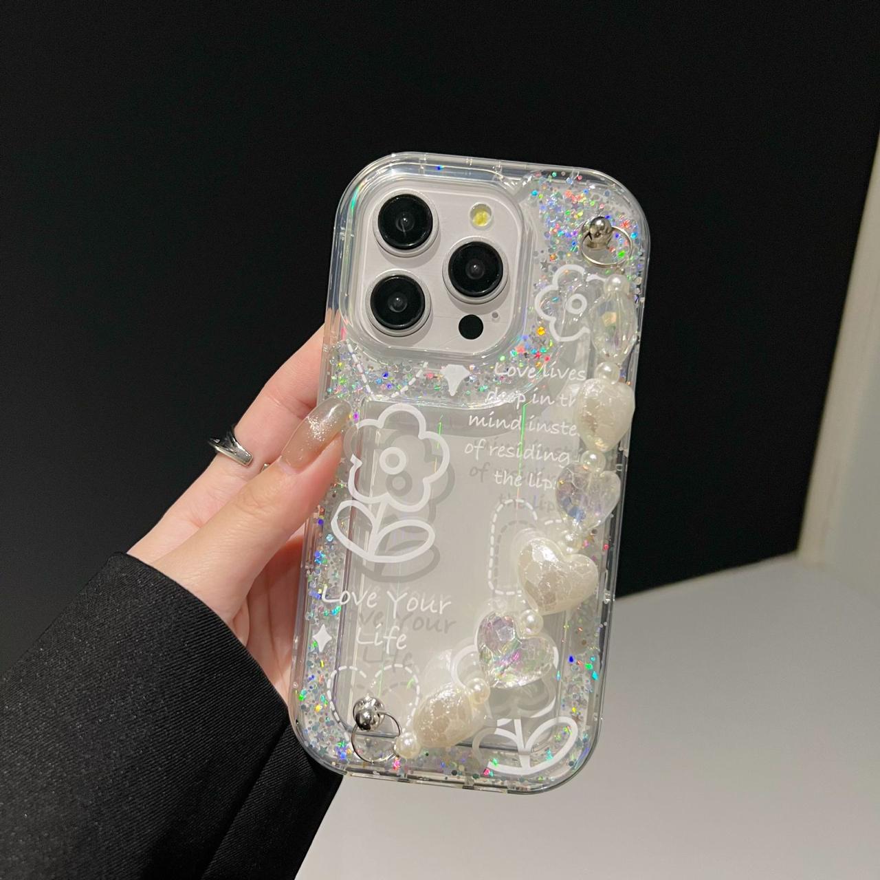 Love Your Life Flower Glitter With Chain Silicon Phone Cases For iPhone 12 Pro Max