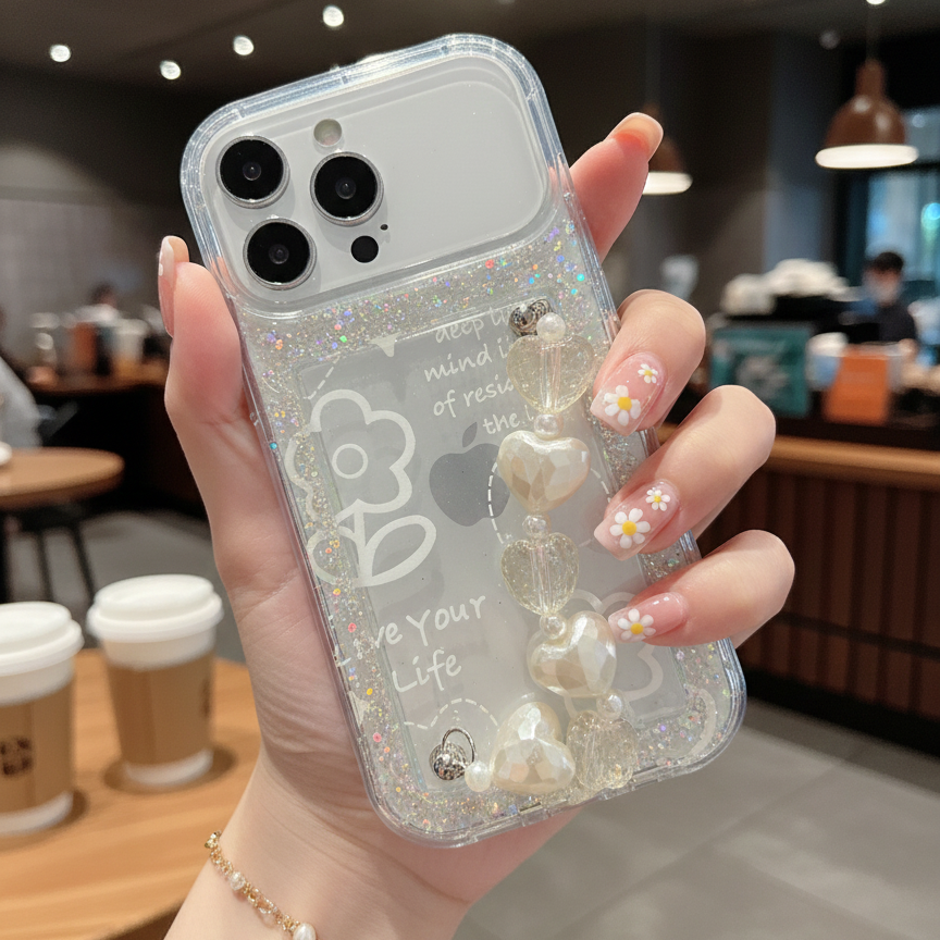 Love Your Life Flower Glitter With Chain Silicon Phone Cases