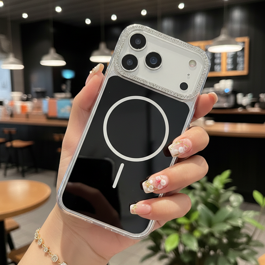 Luxury Black Rhinestone MagSafe Case - Premium Silver Crystal Camera Protector & Magnetic Phone Shield Case