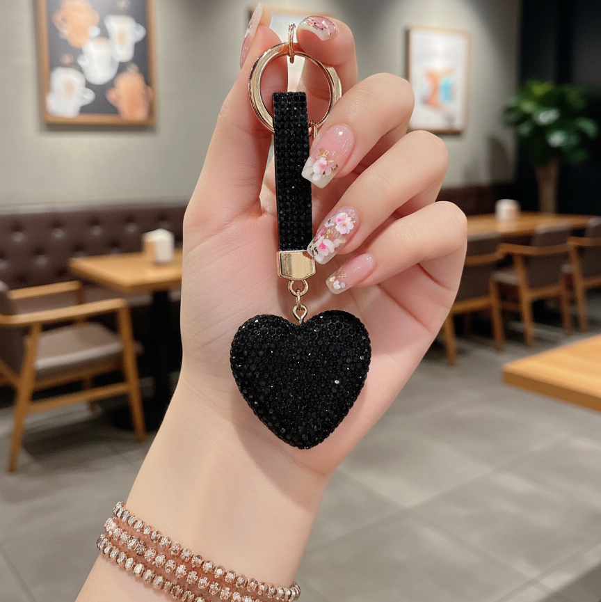 Jet Black Crystal Heart Phone Charm - Luxury Bling Keychain for Backpacks & Purses