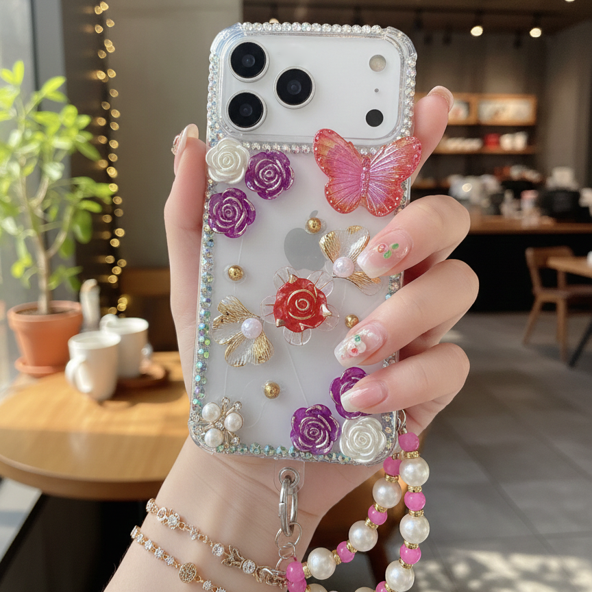 Luxury 3D Floral Butterfly Phone Case with Pearl Strap Silicon Phone Case For iPhone 17 Pro Max