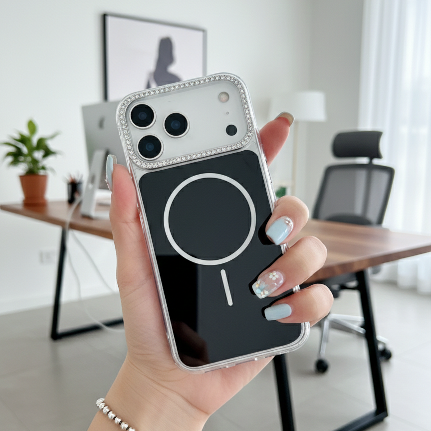 Luxury Black Rhinestone MagSafe Case - Premium Silver Crystal Camera Protector & Magnetic Phone Shield Case