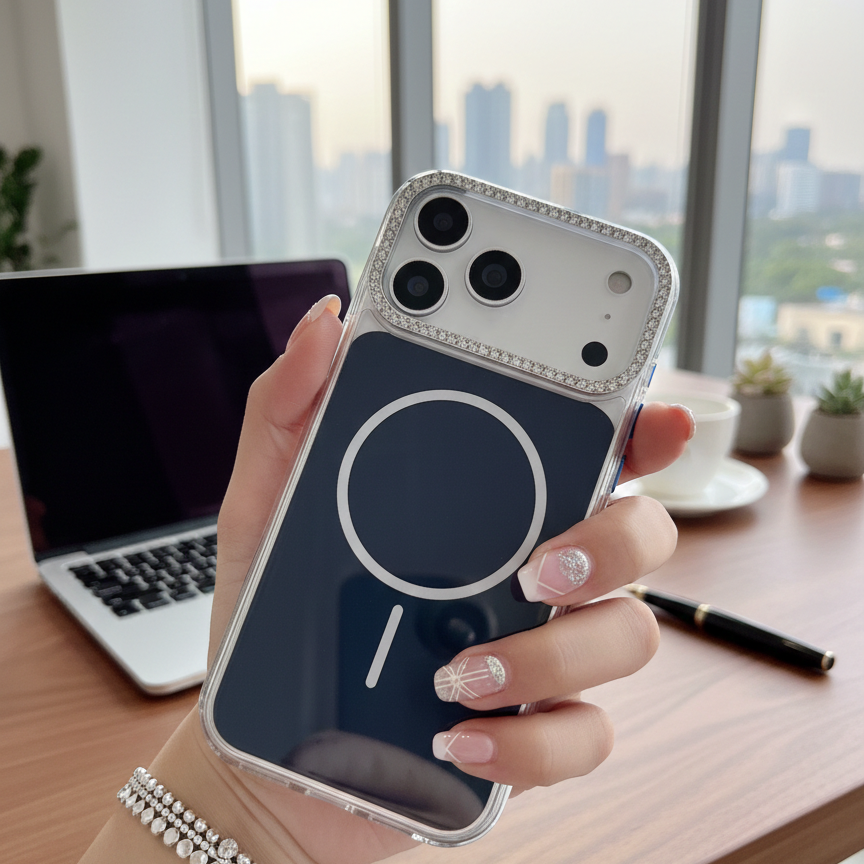 Luxury Blue Rhinestone MagSafe Case - Premium Silver Crystal Camera Protector & Magnetic Phone Shield Case