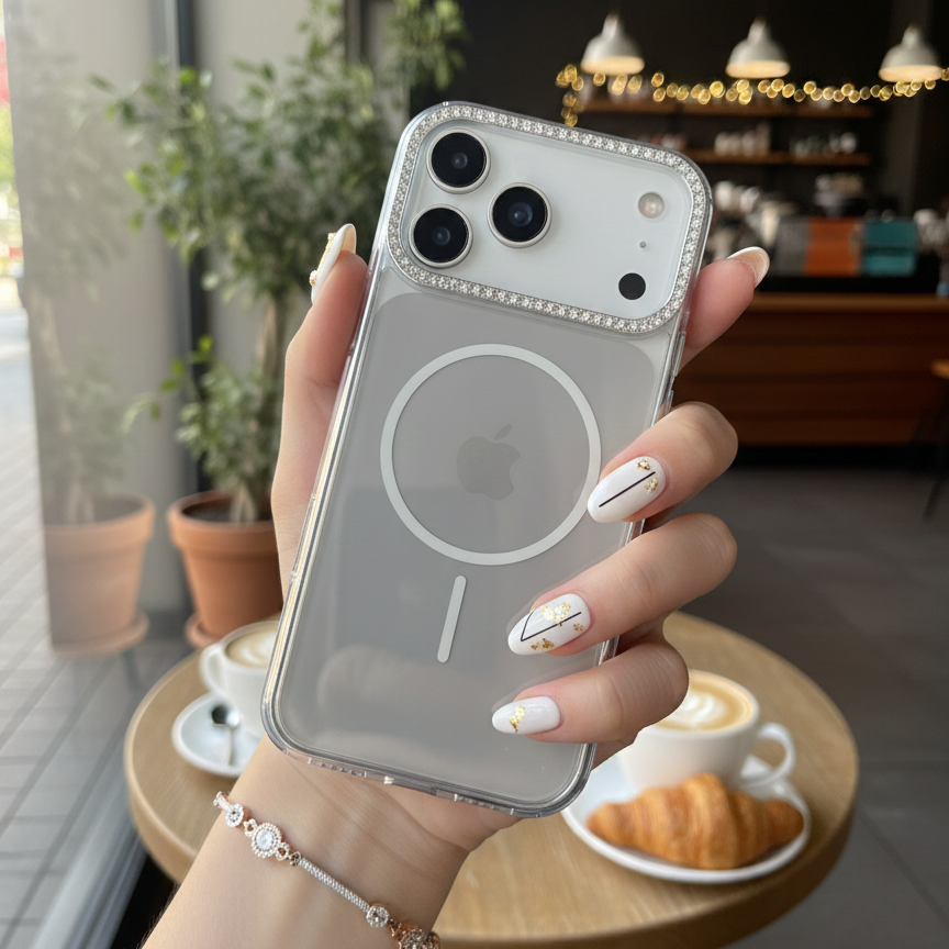 Luxury Crystal MagSafe Case - Premium Silver Rhinestone Camera Protector & Magnetic Phone Shield Case