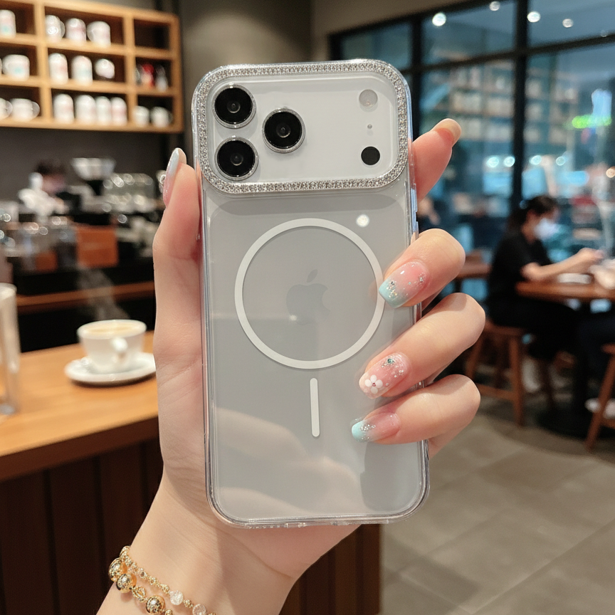 Luxury Crystal MagSafe Case - Premium Silver Rhinestone Camera Protector & Magnetic Phone Shield Case