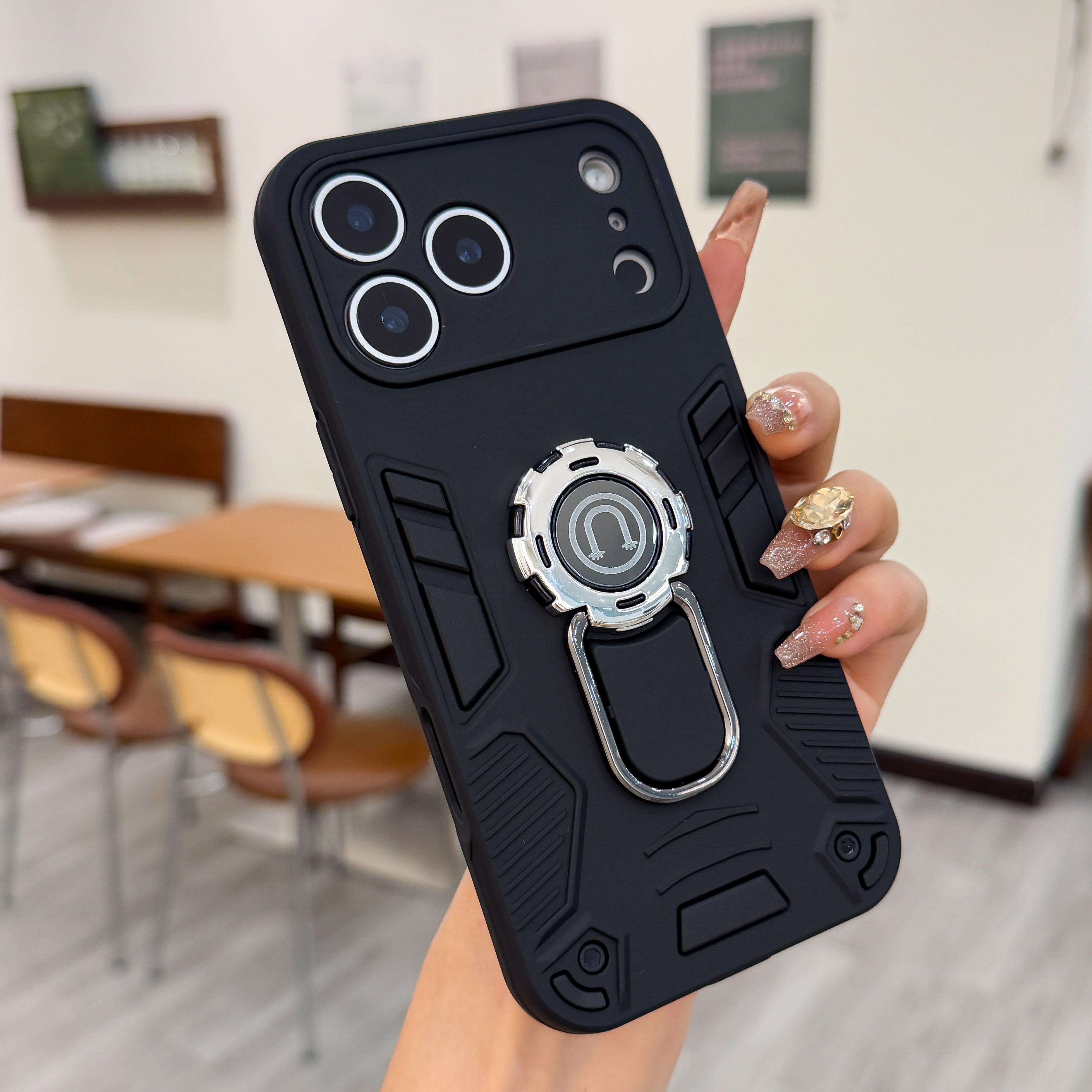 Matte Black Heavy Duty Armor Case with Magnetic Ring Kickstand Case For iPhone 17 Pro