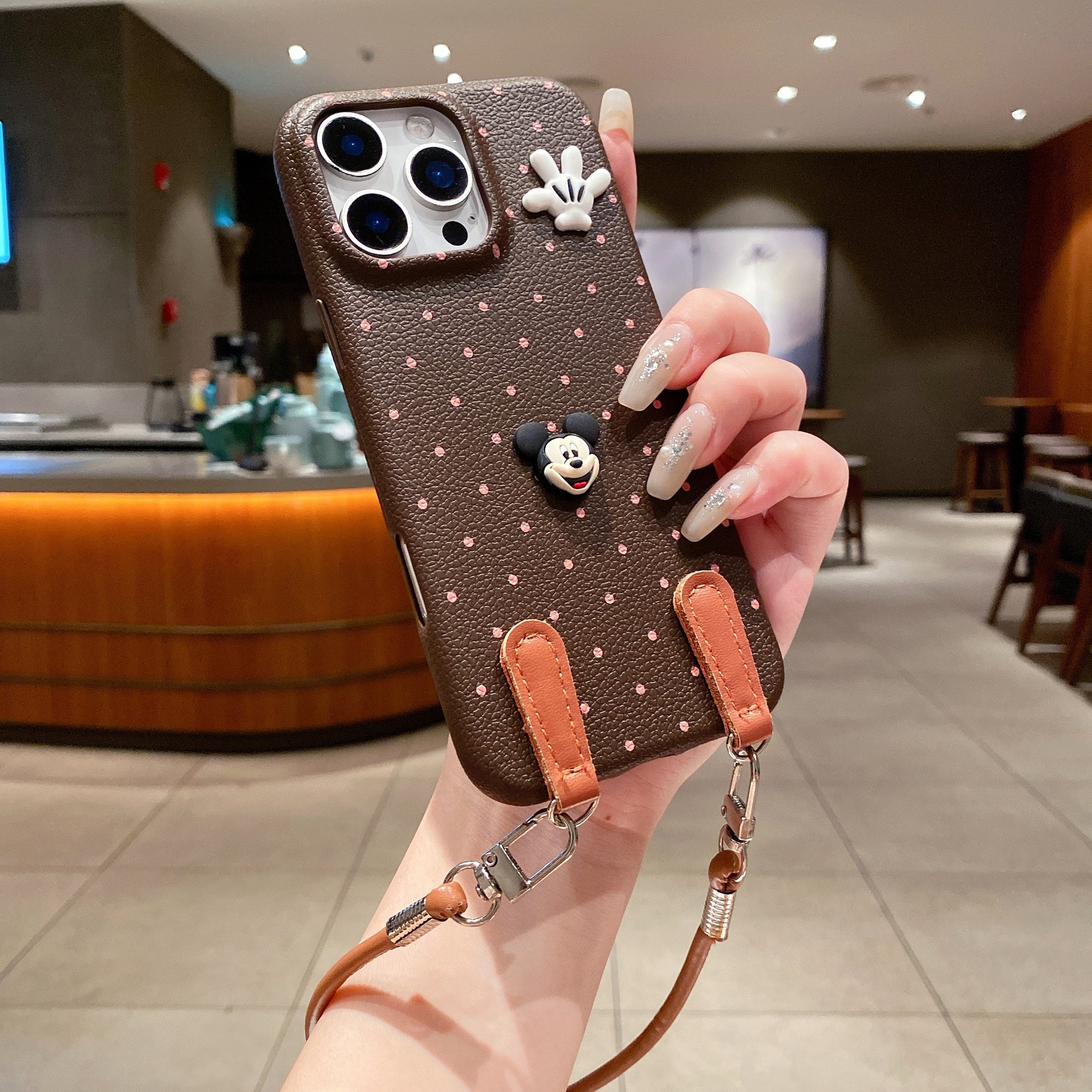 Mickey Mouse Polka Dot Leather Strap Phone Case For iPhone 17 Pro Max