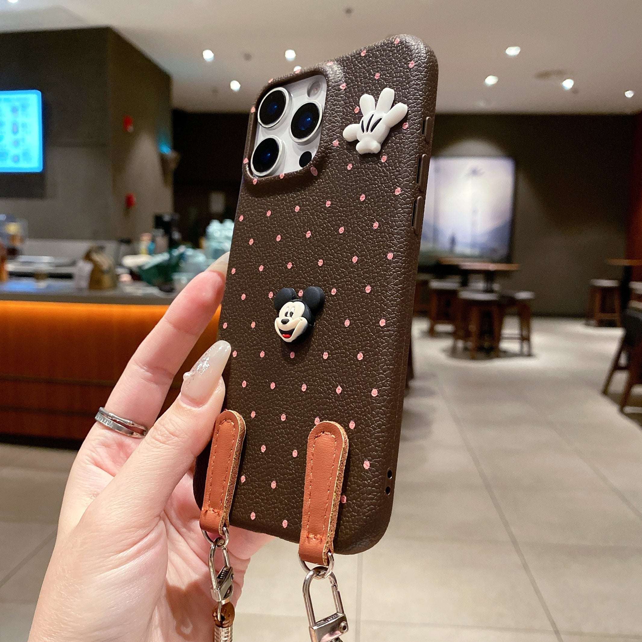 Mickey Mouse Polka Dot Leather Strap Phone Case For iPhone 17