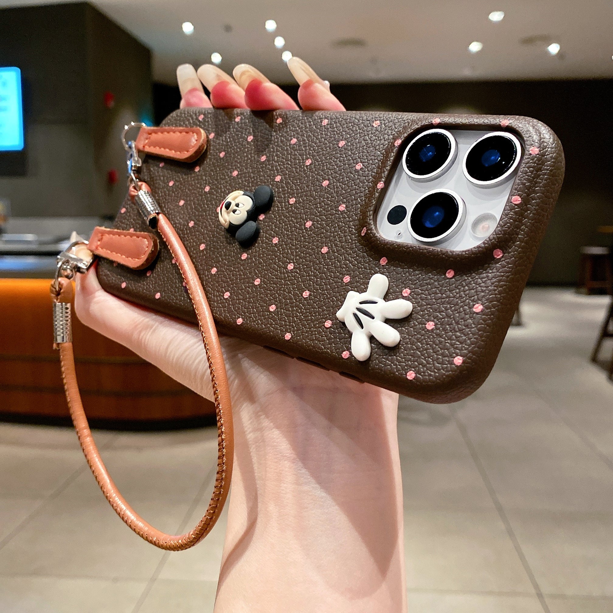Mickey Mouse Polka Dot Leather Strap Phone Case For iPhone 17