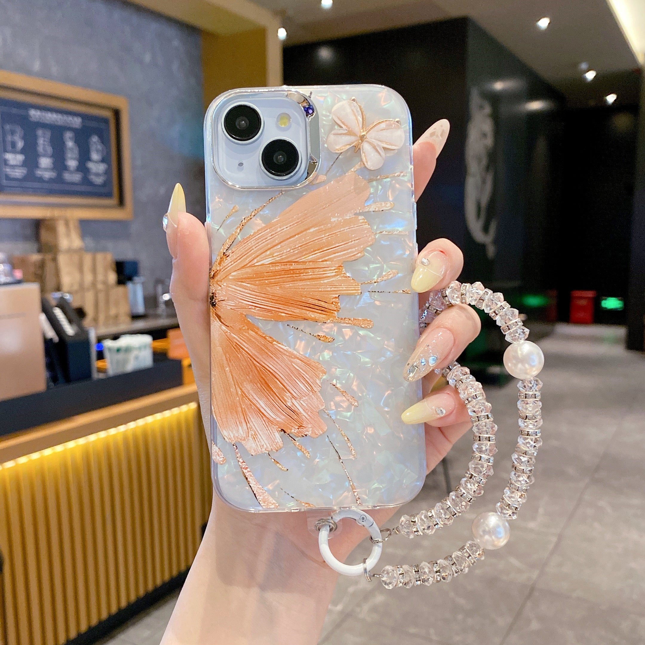 Orange Butterfly With Steel Camera Protection With Bracelet For iPhone 15