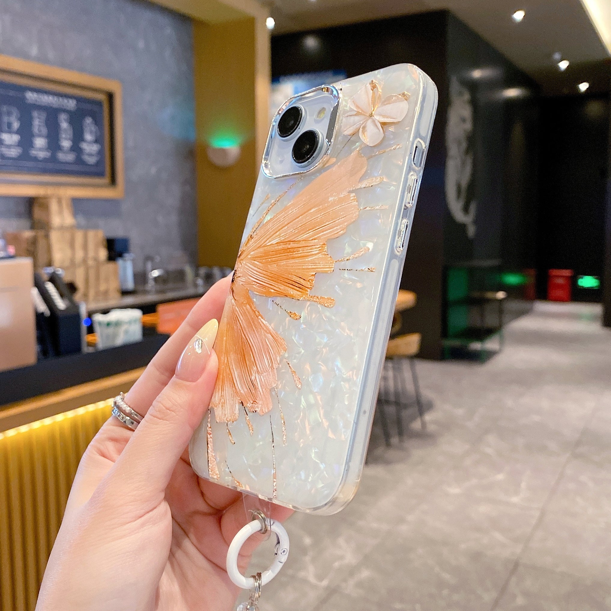 Orange Butterfly With Steel Camera Protection With Bracelet For iPhone 16