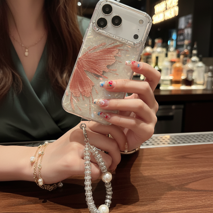 Orange Butterfly With Steel Camera Protection With Bracelet For iPhone 17 Pro Max