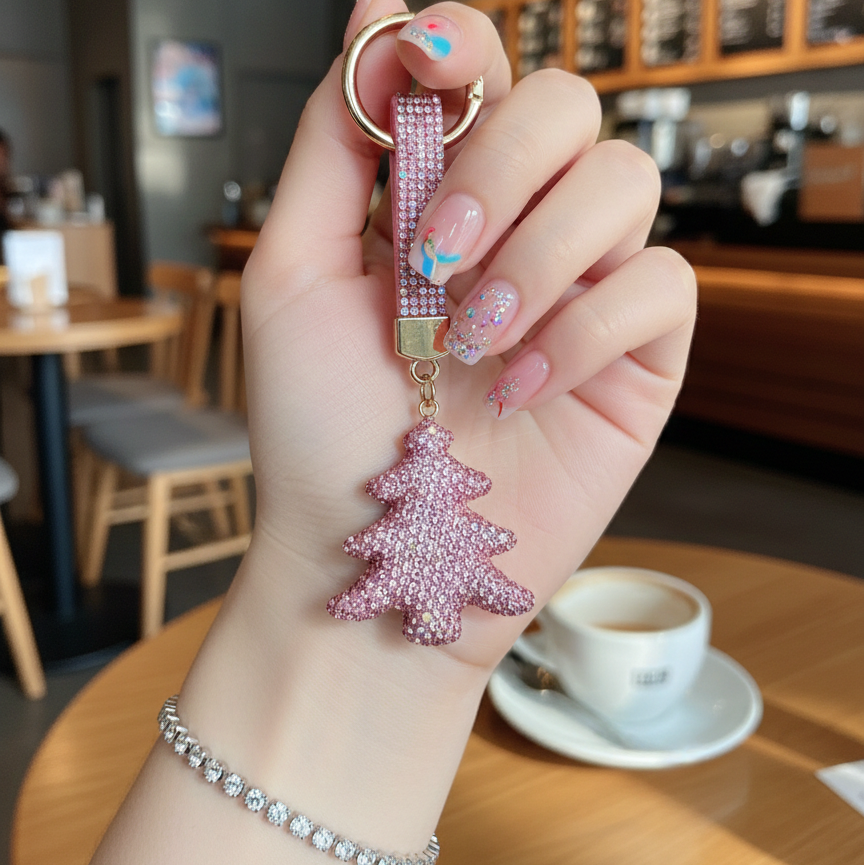 PastelPinkCrystalChristmasTreePhoneCharm-LuxuryBlingKeychainforBackpacks_Purses
