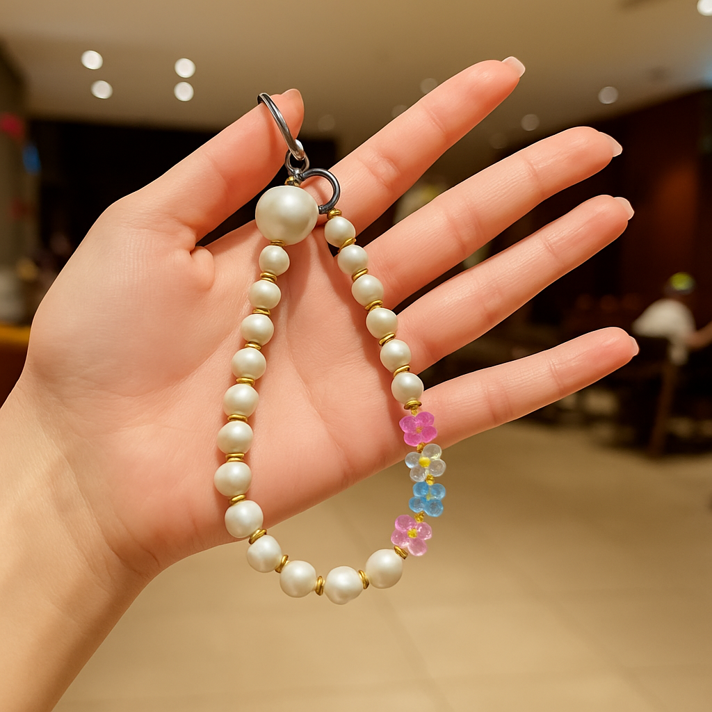 Pearl Blossom Phone Charm – Elegant White Pearl Beads with Pastel Flowers for iPhone & Handbags