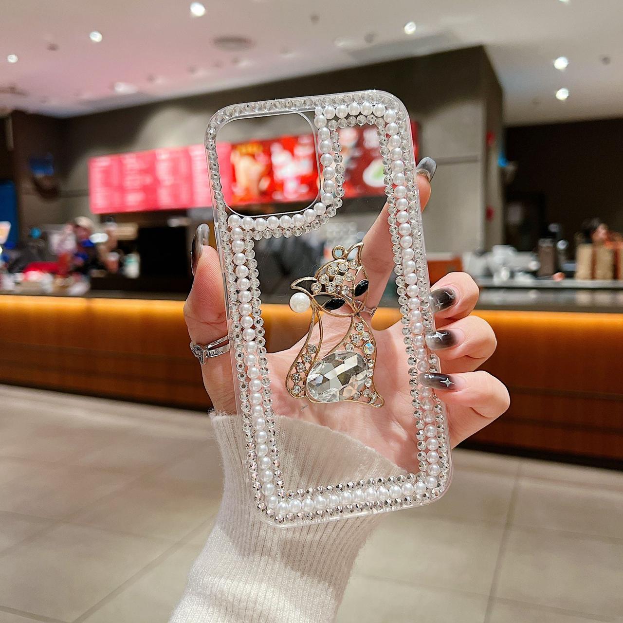 Pearl With Dimond Cat Transparent Silicon Phone Cases For iPhone 14