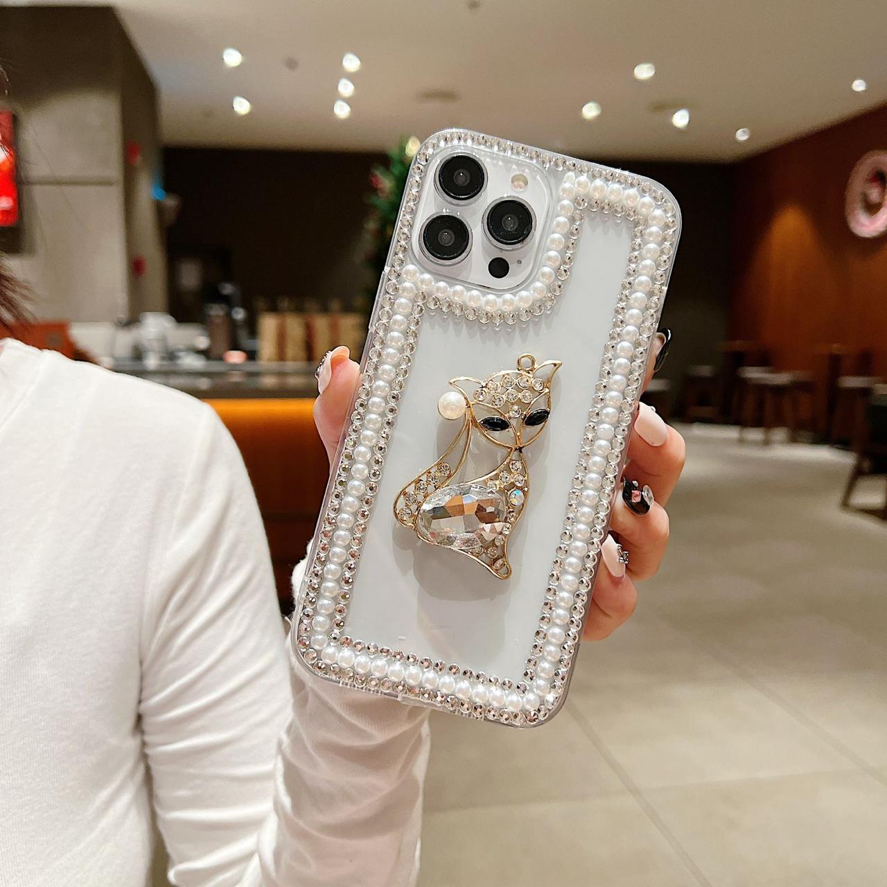 Pearl With Dimond Cat Transparent Silicon Phone Cases For iPhone 14