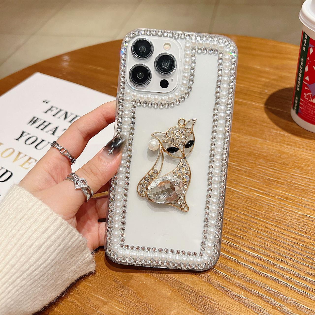 Pearl With Dimond Cat Transparent Silicon Phone Cases For iPhone 14