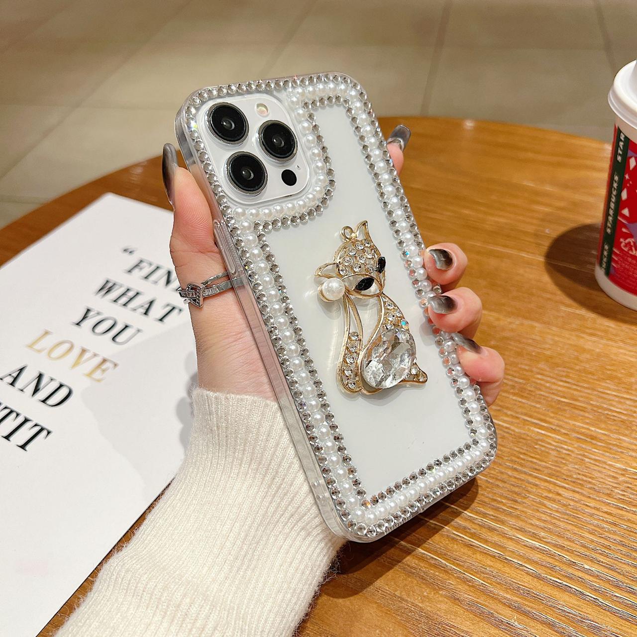 Pearl With Dimond Cat Transparent Silicon Phone Cases For iPhone 14