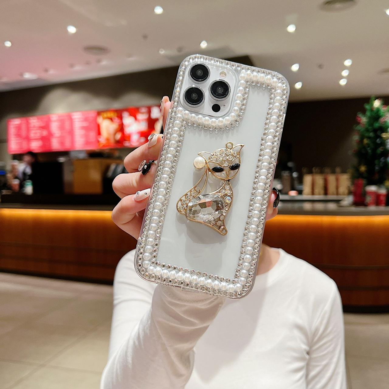 Pearl With Dimond Cat Transparent Silicon Phone Cases For iPhone 14