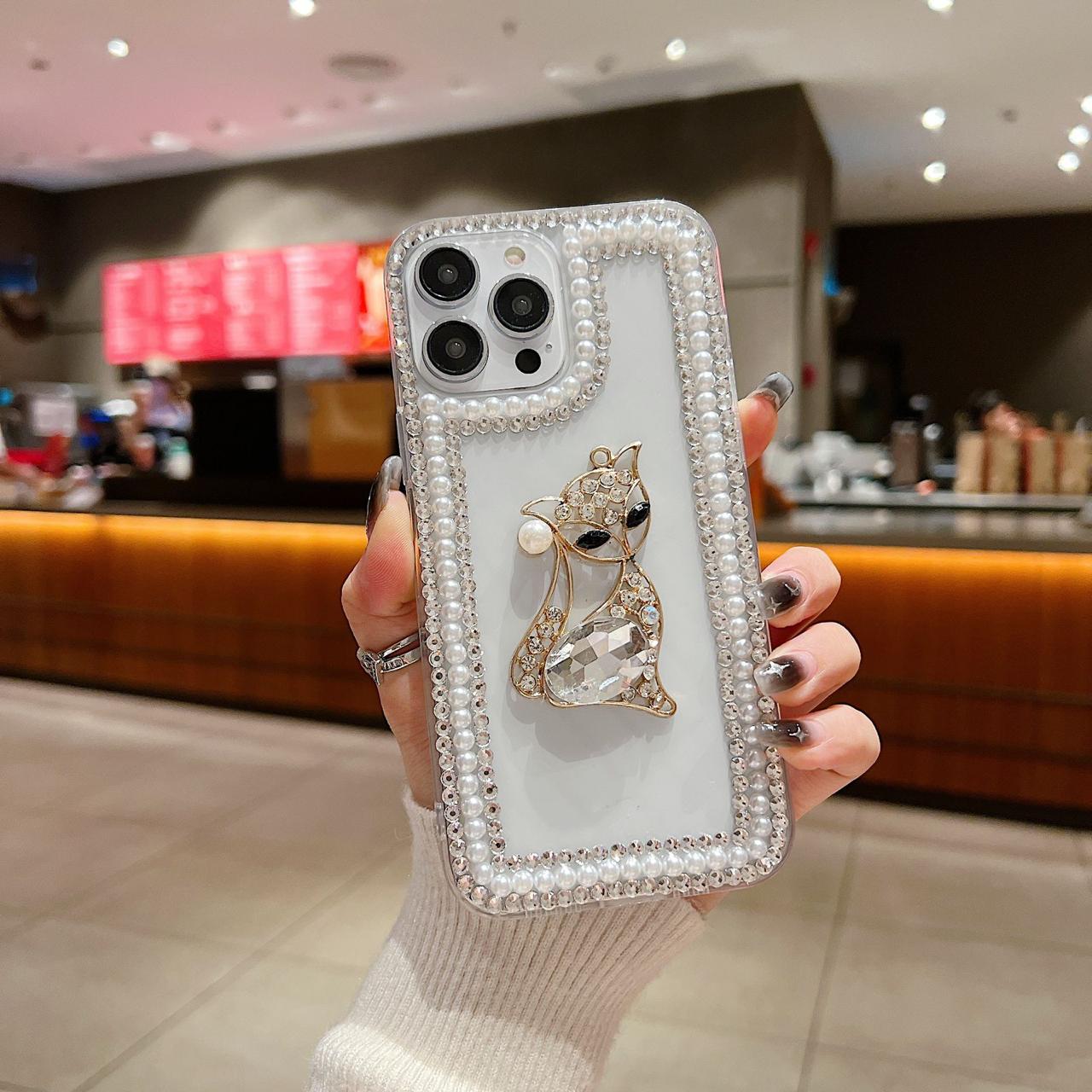 Pearl With Dimond Cat Transparent Silicon Phone Cases For iPhone 14