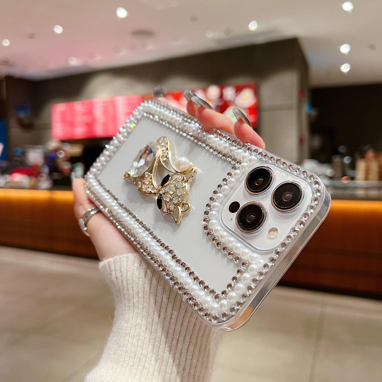 Pearl With Dimond Cat Transparent Silicon Phone Cases For iPhone 14