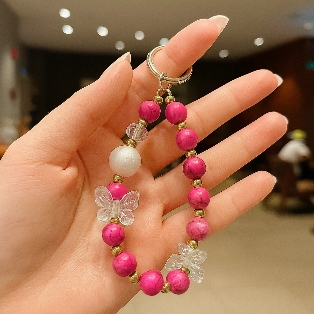 Pink Butterfly Beaded Phone Charm – Cute Fuchsia Beads & Crystal Butterfly Strap for iPhone & Bags